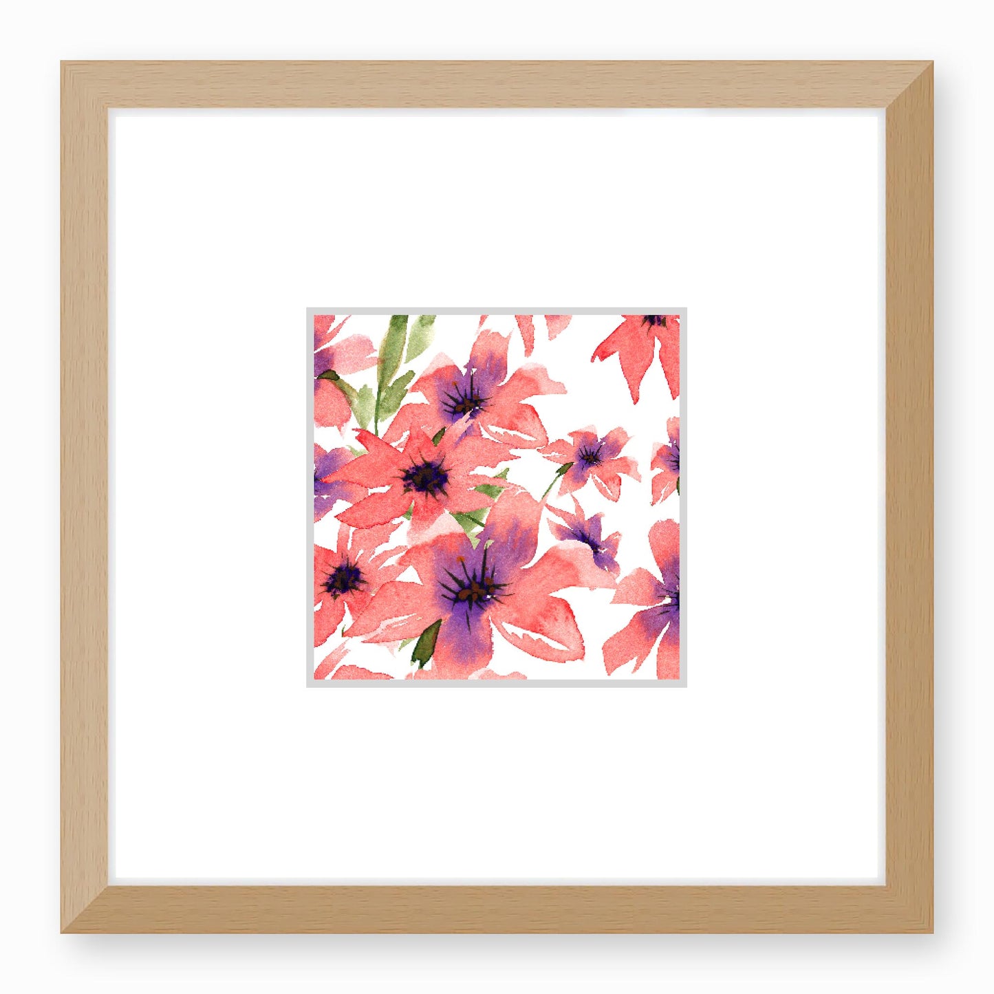 Framed Fine Art Print, Faux Mat - 12x12 inches | Pink Floral Watercolour, fms-1340-003, Prints, Fine art, Natural Frame, 30 x 30 cm ,12 x 12 inches