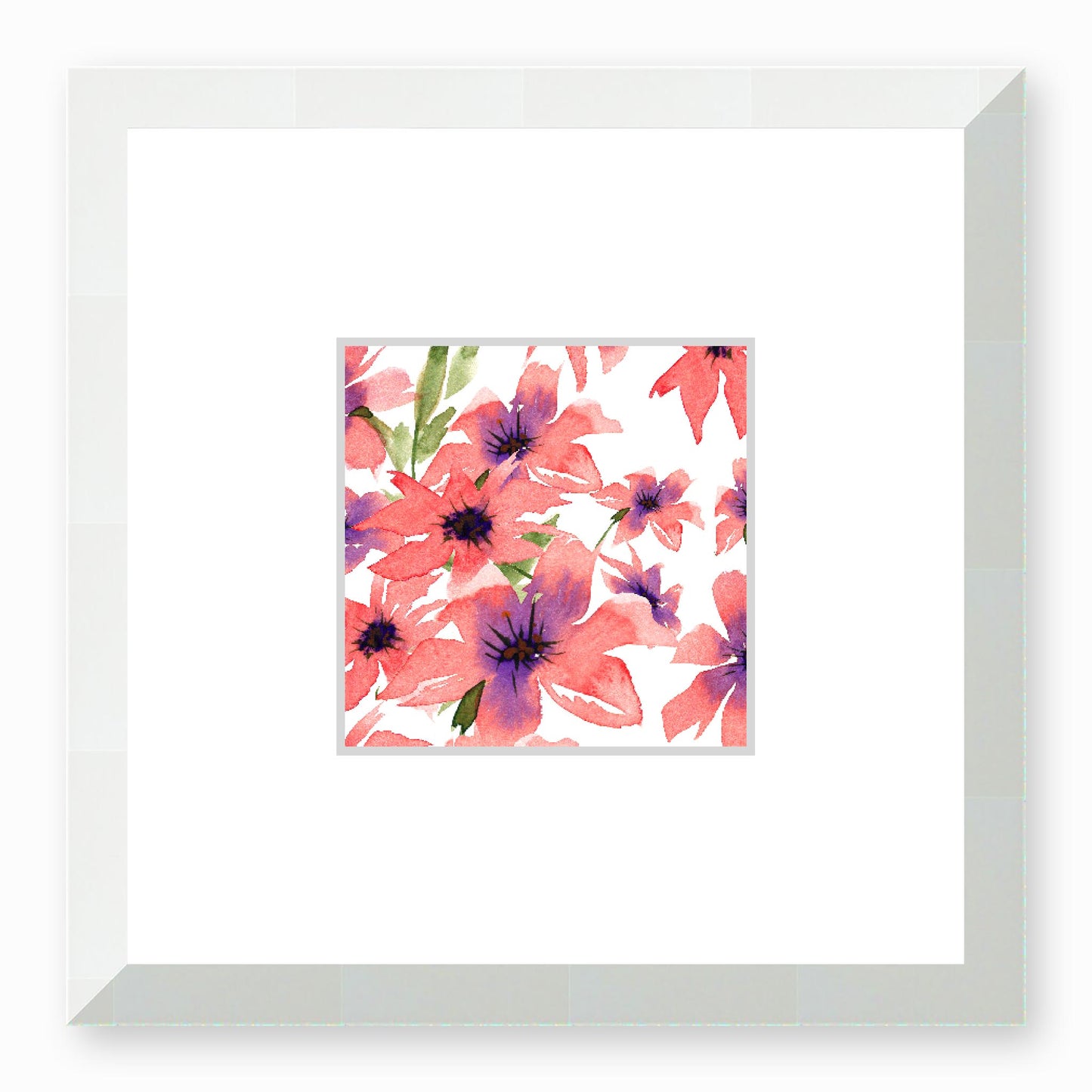 Framed Fine Art Print, Faux Mat - 12x12 inches | Pink Floral Watercolour, fms-1340-003, Prints, Fine art, White Frame, 30 x 30 cm ,12 x 12 inches