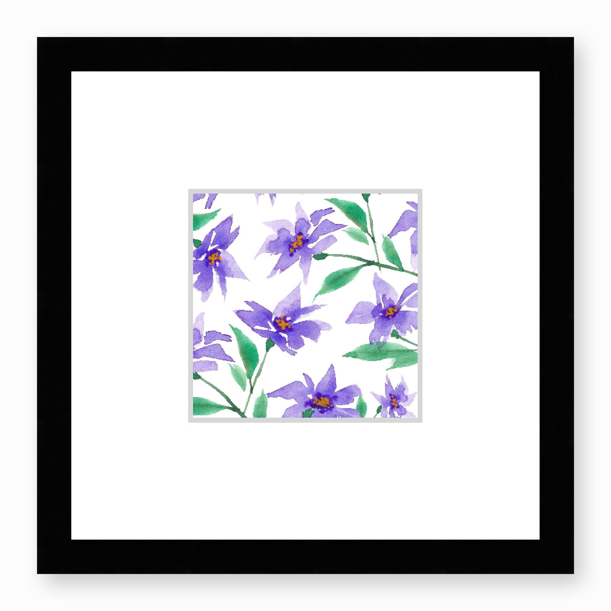Framed Fine Art Print, Faux Mat - 12x12 inches | Purple Floral Watercolour, fms-1350-001, Prints, Fine art, Black Frame, 30 x 30 cm ,12 x 12 inches