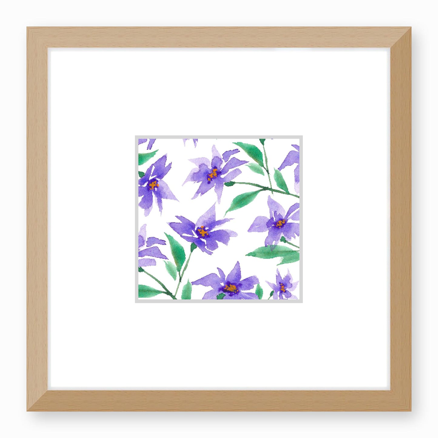 Framed Fine Art Print, Faux Mat - 12x12 inches | Purple Floral Watercolour, fms-1350-001, Prints, Fine art, Natural Frame, 30 x 30 cm ,12 x 12 inches