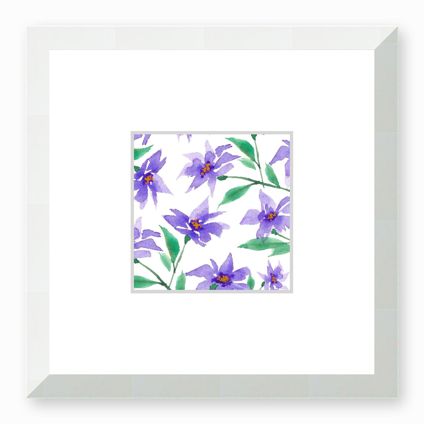 Framed Fine Art Print, Faux Mat - 12x12 inches | Purple Floral Watercolour, fms-1350-001, Prints, Fine art, White Frame, 30 x 30 cm ,12 x 12 inches