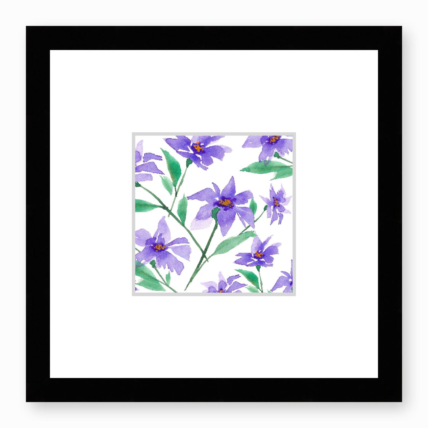 Framed Fine Art Print, Faux Mat - 12x12 inches | Purple Floral Watercolour, fms-1350-002, Prints, Fine art, Black Frame, 30 x 30 cm ,12 x 12 inches