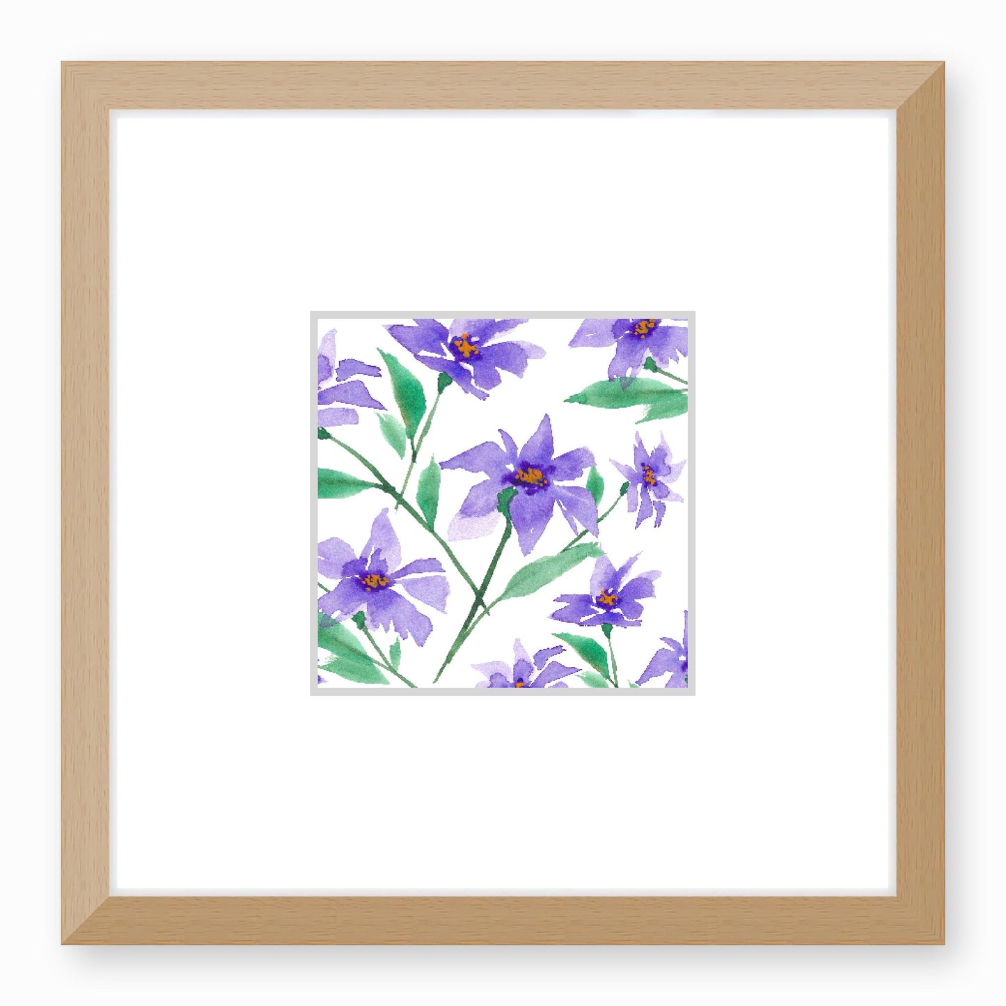 Framed Fine Art Print, Faux Mat - 12x12 inches | Purple Floral Watercolour, fms-1350-002, Prints, Fine art, Natural Frame, 30 x 30 cm ,12 x 12 inches