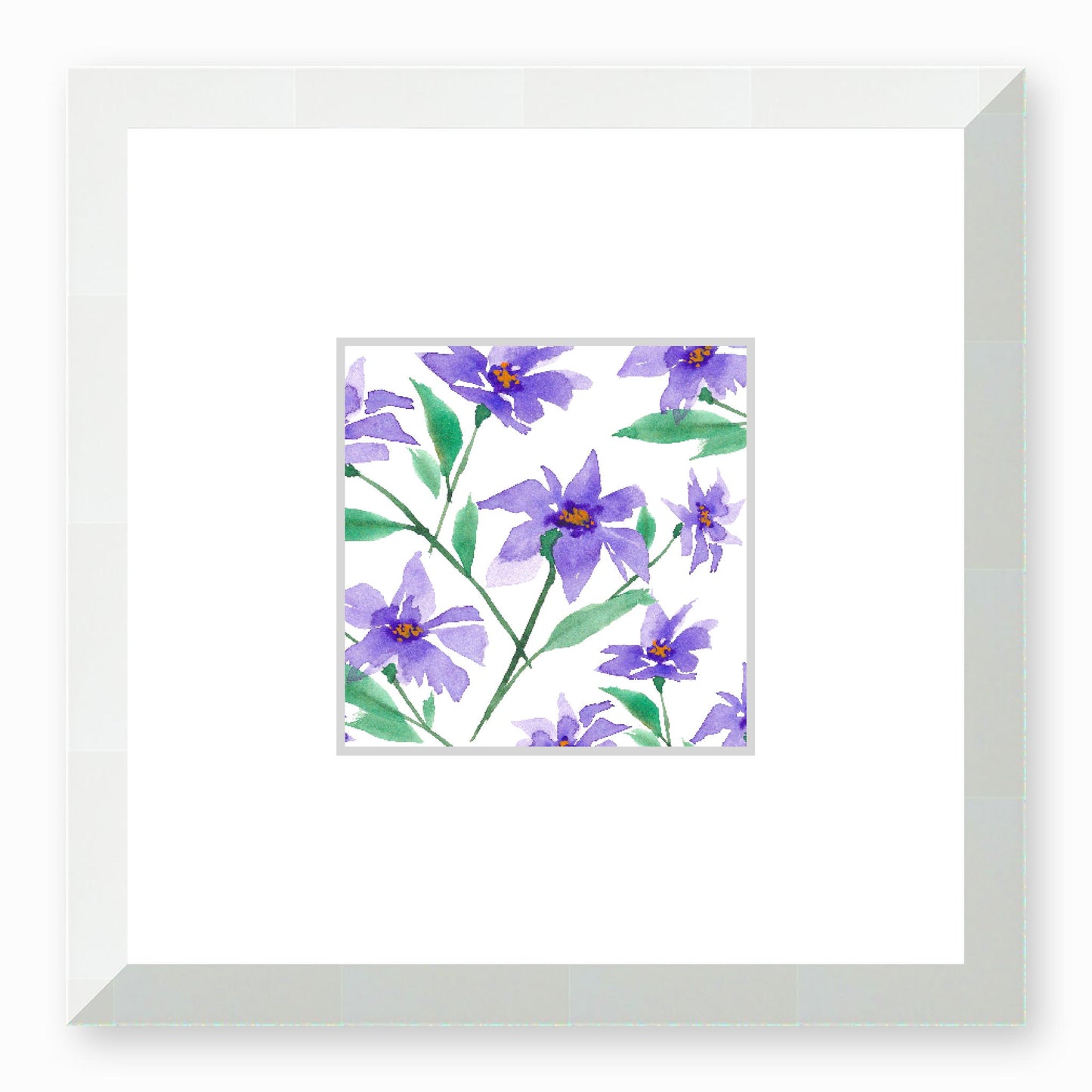 Framed Fine Art Print, Faux Mat - 12x12 inches | Purple Floral Watercolour, fms-1350-002, Prints, Fine art, White Frame, 30 x 30 cm ,12 x 12 inches