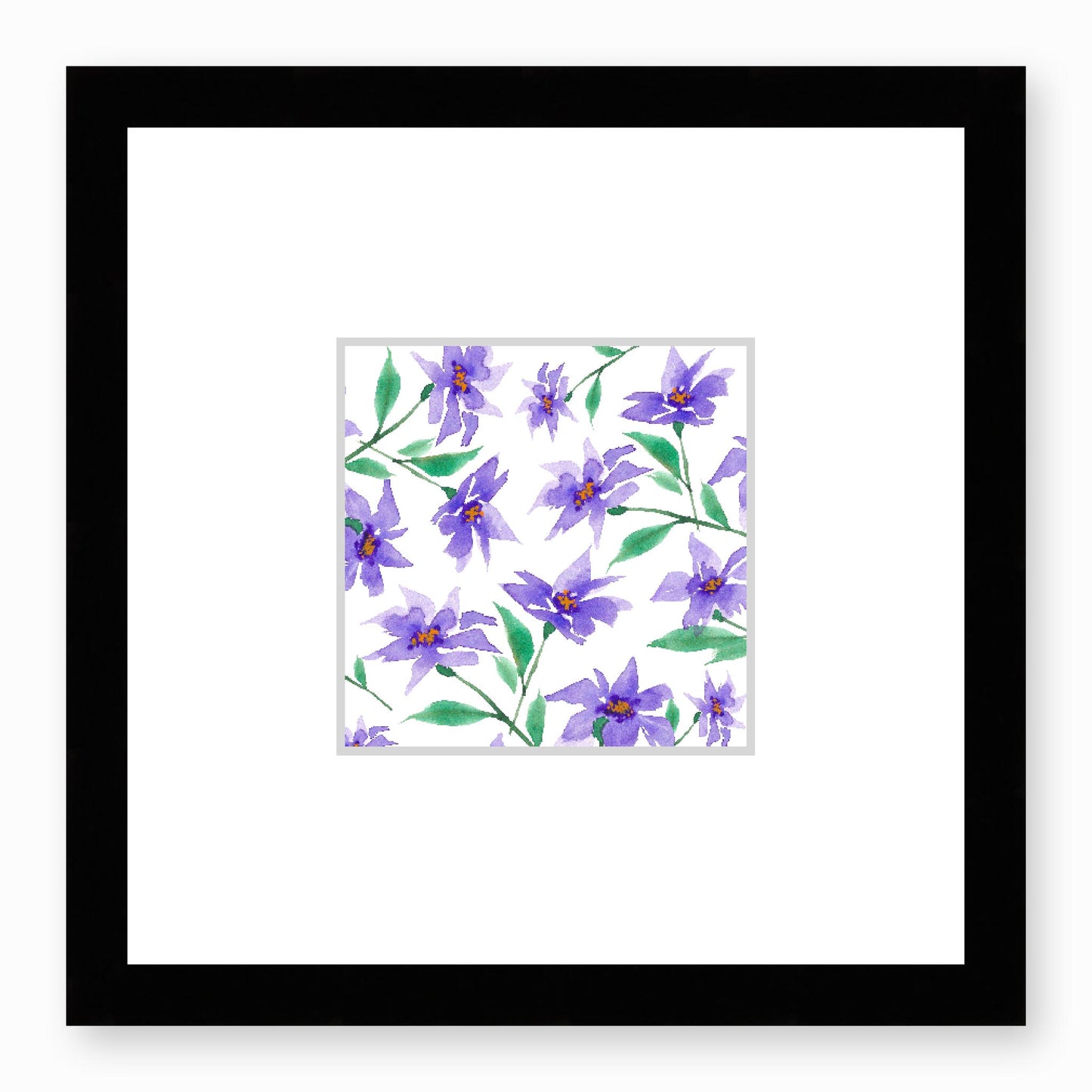 Framed Fine Art Print, Faux Mat - 12x12 inches | Purple Floral Watercolour, fms-1350-003, Prints, Fine art, Black Frame, 30 x 30 cm ,12 x 12 inches