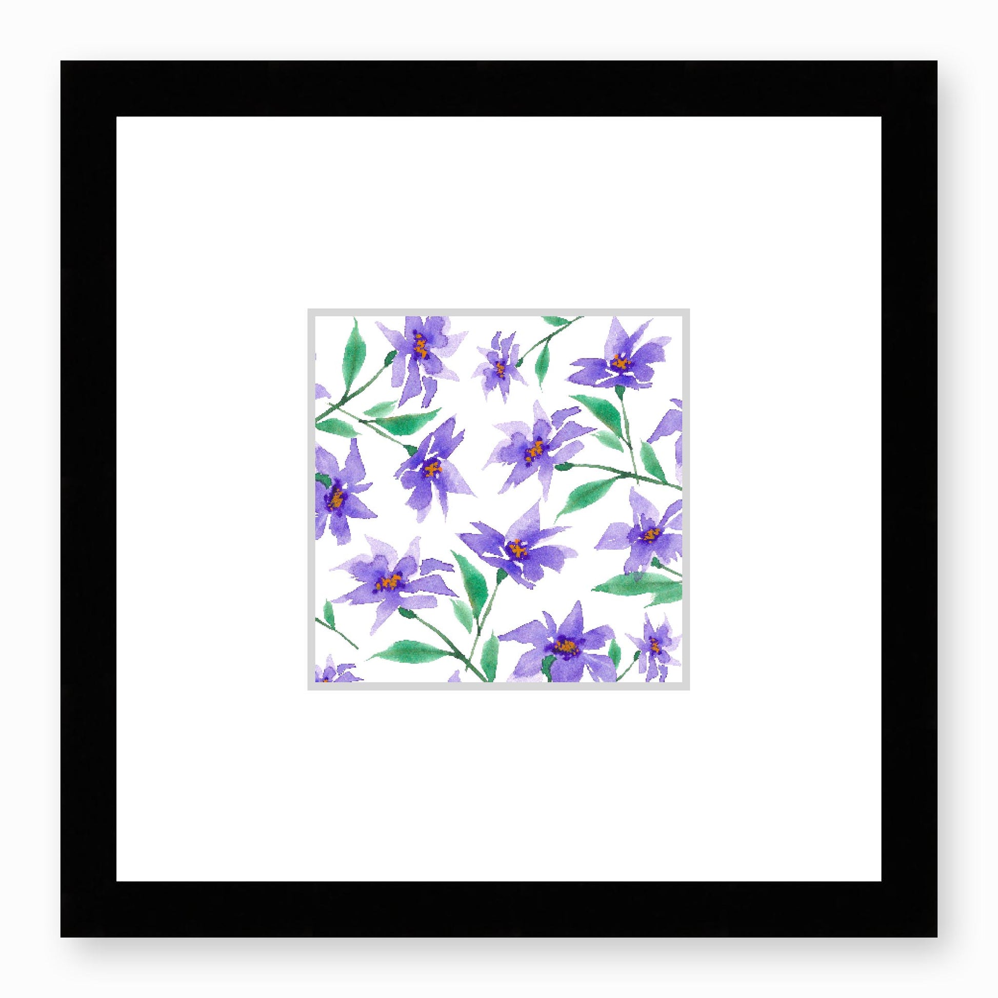 Framed Fine Art Print, Faux Mat - 12x12 inches | Purple Floral Watercolour, fms-1350-003, Prints, Fine art, Black Frame, 30 x 30 cm ,12 x 12 inches