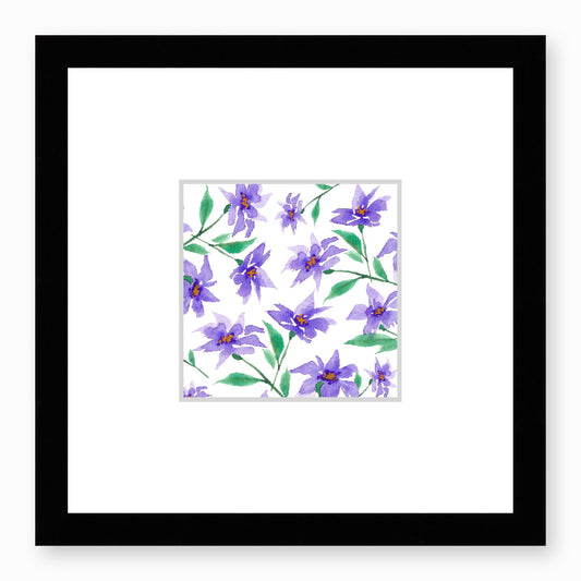 Framed Fine Art Print, Faux Mat - 12x12 inches | Purple Floral Watercolour, fms-1350-003, Prints, Fine art, Black Frame, 30 x 30 cm ,12 x 12 inches