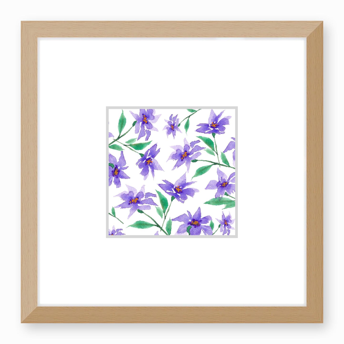 Framed Fine Art Print, Faux Mat - 12x12 inches | Purple Floral Watercolour, fms-1350-003, Prints, Fine art, Natural Frame, 30 x 30 cm ,12 x 12 inches