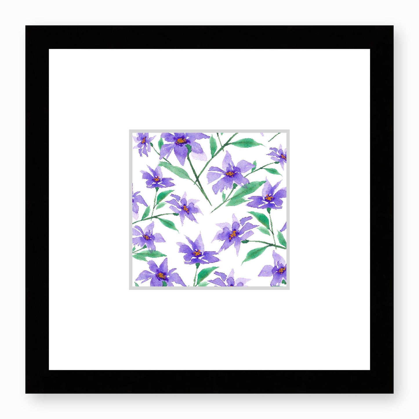 Framed Fine Art Print, Faux Mat - 12x12 inches | Purple Floral Watercolour, fms-1350-004, Prints, Fine art, Black Frame, 30 x 30 cm ,12 x 12 inches