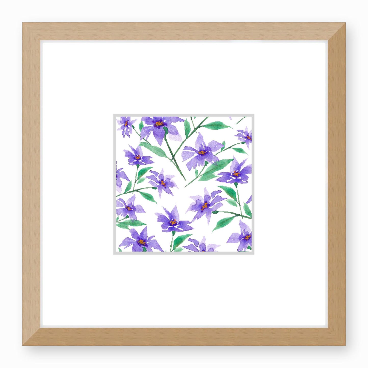 Framed Fine Art Print, Faux Mat - 12x12 inches | Purple Floral Watercolour, fms-1350-004, Prints, Fine art, Natural Frame, 30 x 30 cm ,12 x 12 inches
