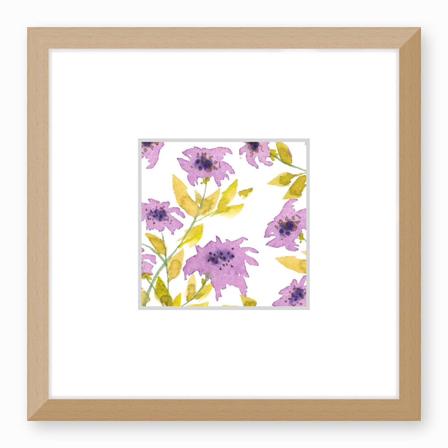 Framed Fine Art Print, Faux Mat - 12x12 inches | Mauve Floral Watercolour, fms-1360-001, Prints, Fine art, Natural Frame, 30 x 30 cm ,12 x 12 inches