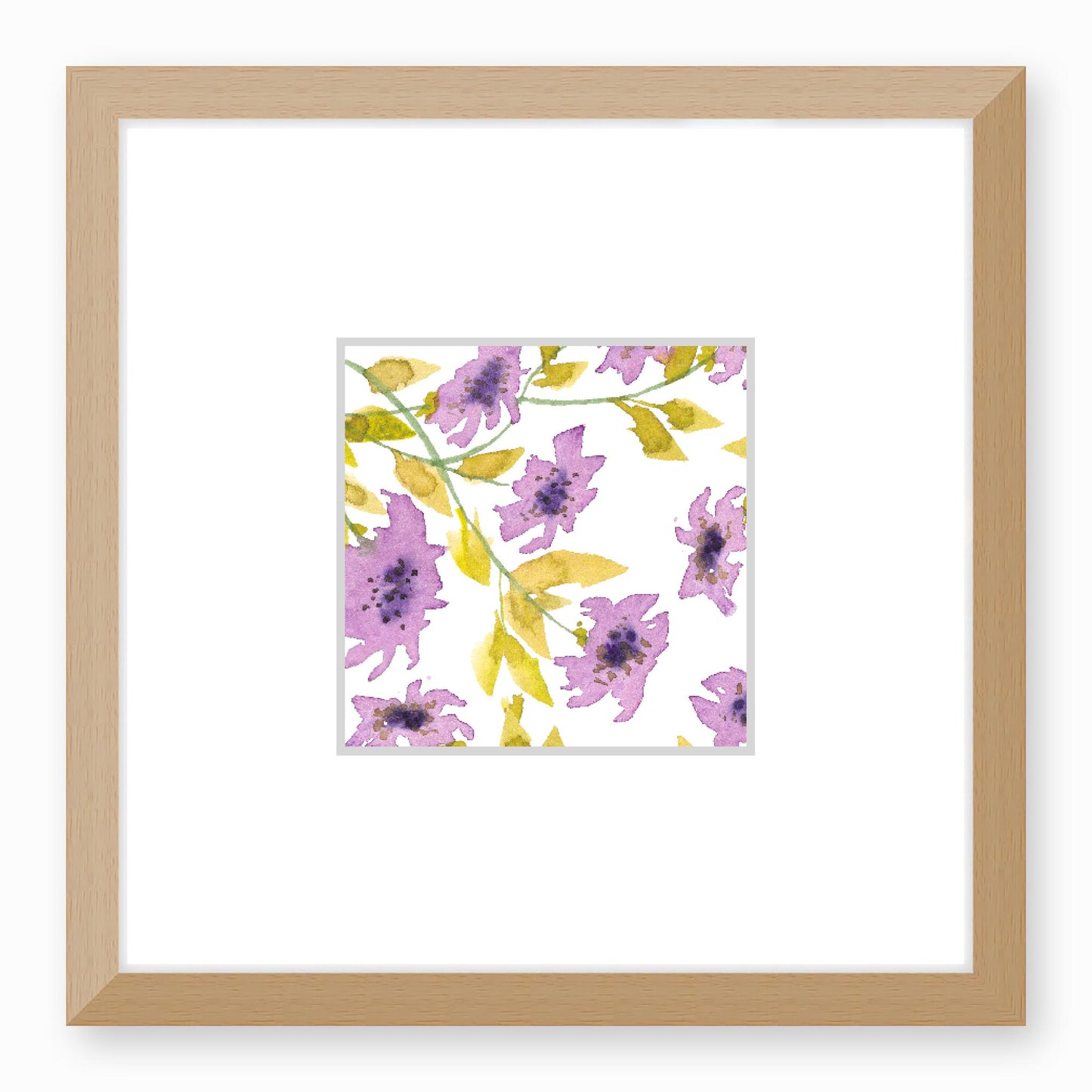 Framed Fine Art Print, Faux Mat - 12x12 inches | Mauve Floral Watercolour, fms-1360-002, Prints, Fine art, Natural Frame, 30 x 30 cm ,12 x 12 inches