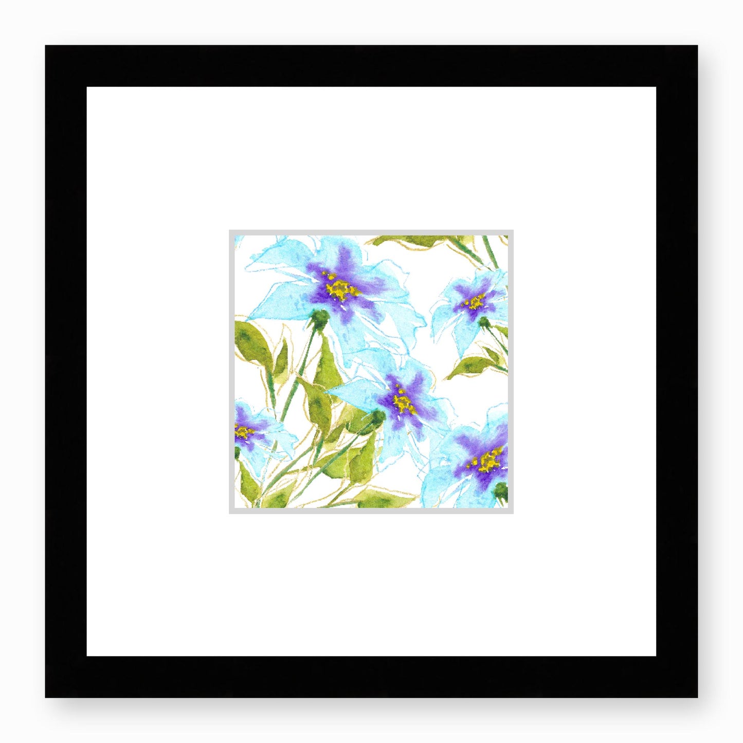 Framed Fine Art Print, Faux Mat - 12x12 inches | Blue Floral Watercolour, fms-1370-001, Prints, Fine art, Black Frame, 30 x 30 cm ,12 x 12 inches