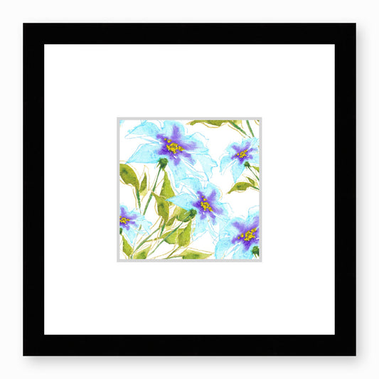 Framed Fine Art Print, Faux Mat - 12x12 inches | Blue Floral Watercolour, fms-1370-001, Prints, Fine art, Black Frame, 30 x 30 cm ,12 x 12 inches
