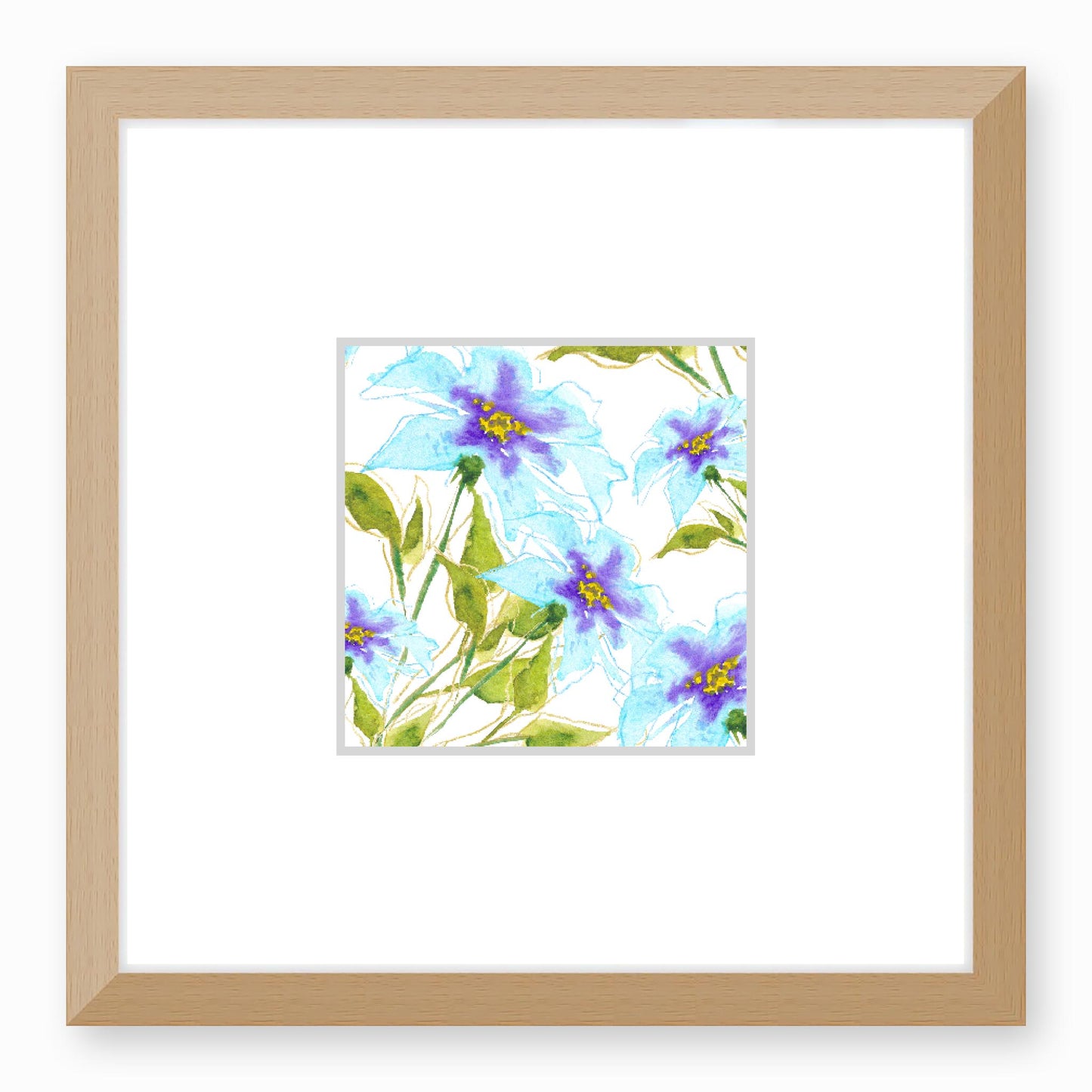 Framed Fine Art Print, Faux Mat - 12x12 inches | Blue Floral Watercolour, fms-1370-001, Prints, Fine art, Natural Frame, 30 x 30 cm ,12 x 12 inches