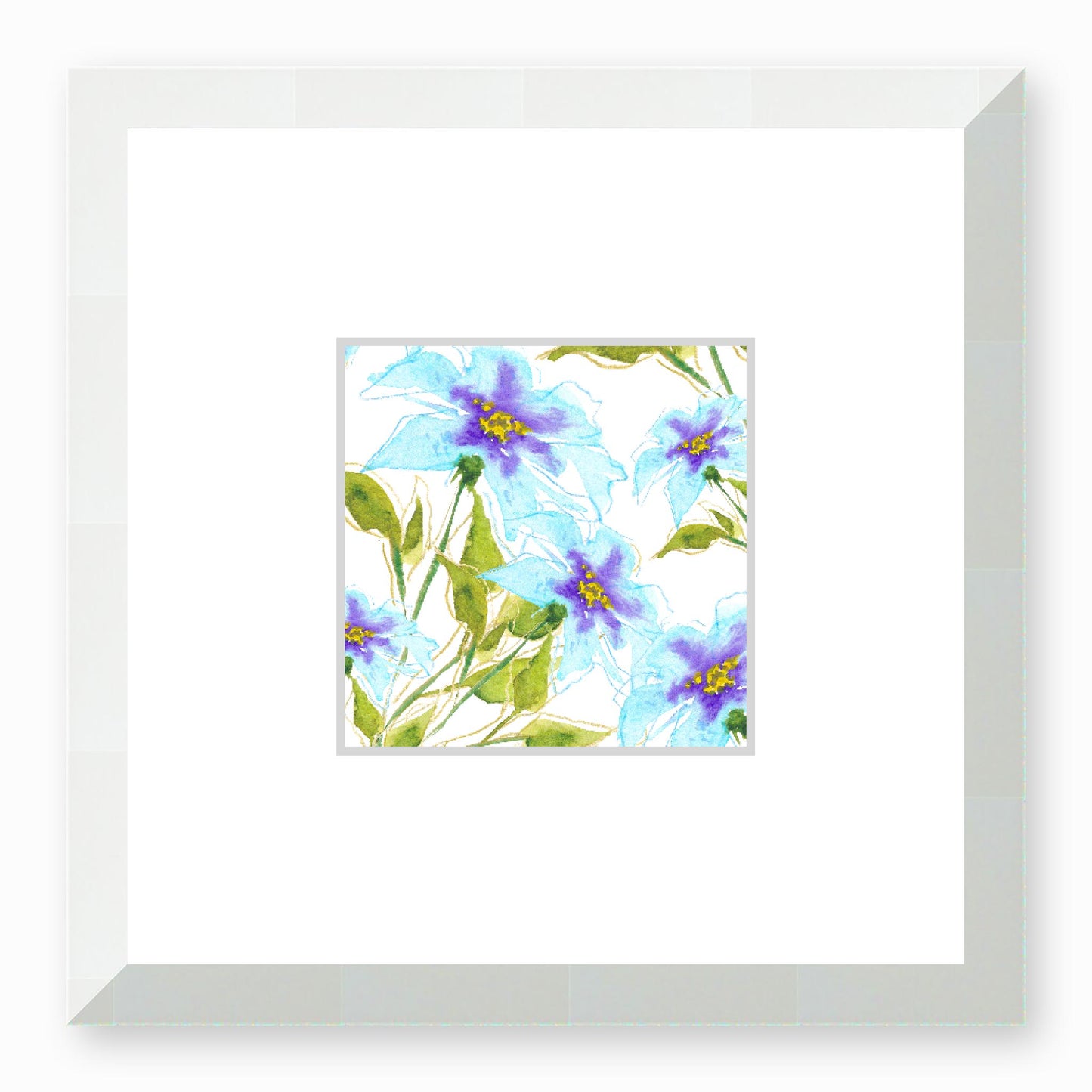 Framed Fine Art Print, Faux Mat - 12x12 inches | Blue Floral Watercolour, fms-1370-001, Prints, Fine art, White Frame, 30 x 30 cm ,12 x 12 inches
