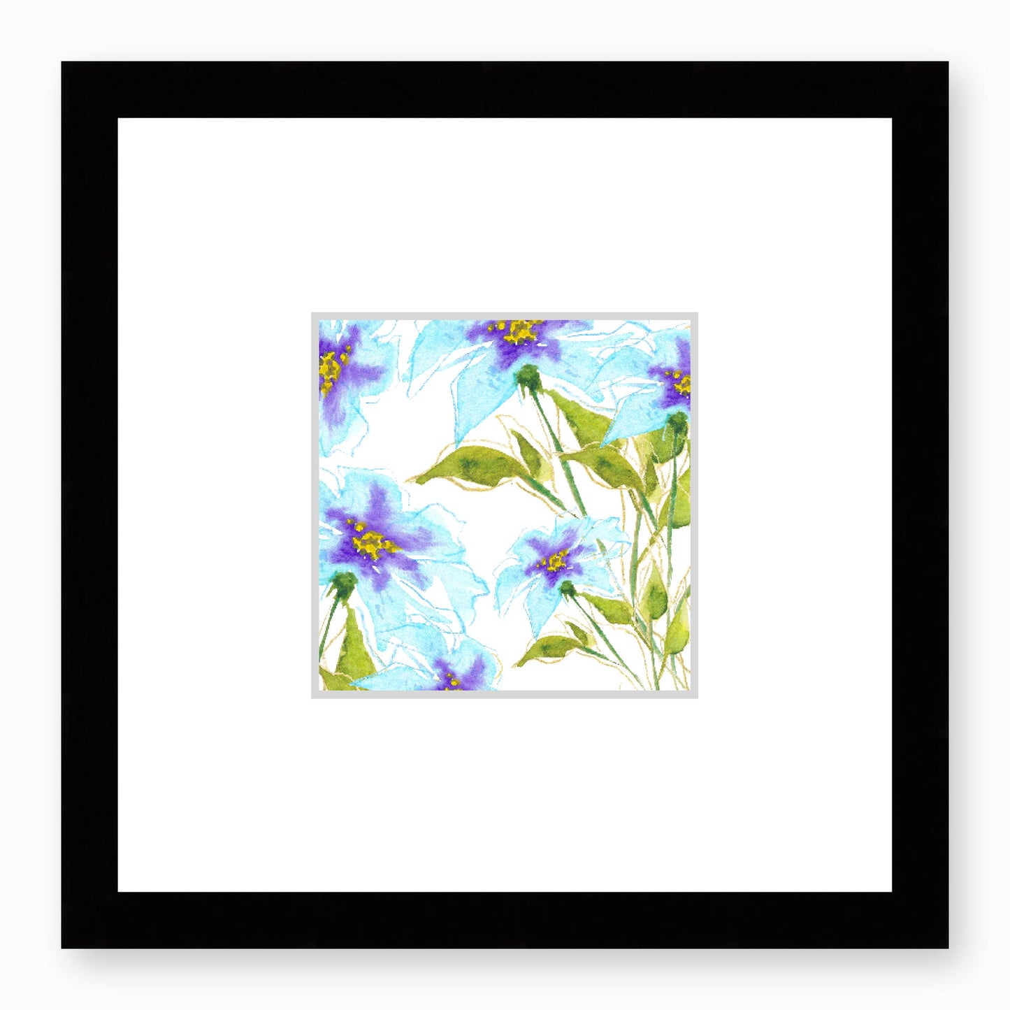 Framed Fine Art Print, Faux Mat - 12x12 inches | Blue Floral Watercolour, fms-1370-002, Prints, Fine art, Black Frame, 30 x 30 cm ,12 x 12 inches