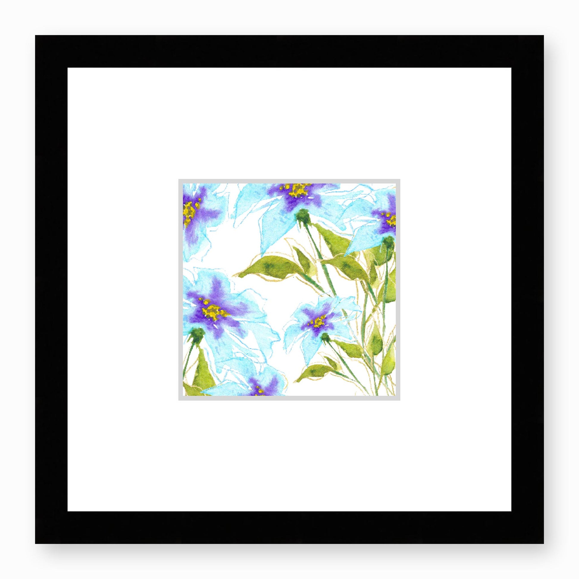 Framed Fine Art Print, Faux Mat - 12x12 inches | Blue Floral Watercolour, fms-1370-002, Prints, Fine art, Black Frame, 30 x 30 cm ,12 x 12 inches