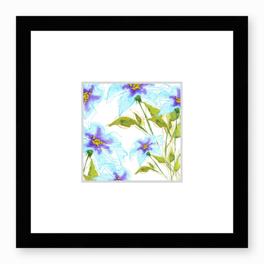 Framed Fine Art Print, Faux Mat - 12x12 inches | Blue Floral Watercolour, fms-1370-002, Prints, Fine art, Black Frame, 30 x 30 cm ,12 x 12 inches