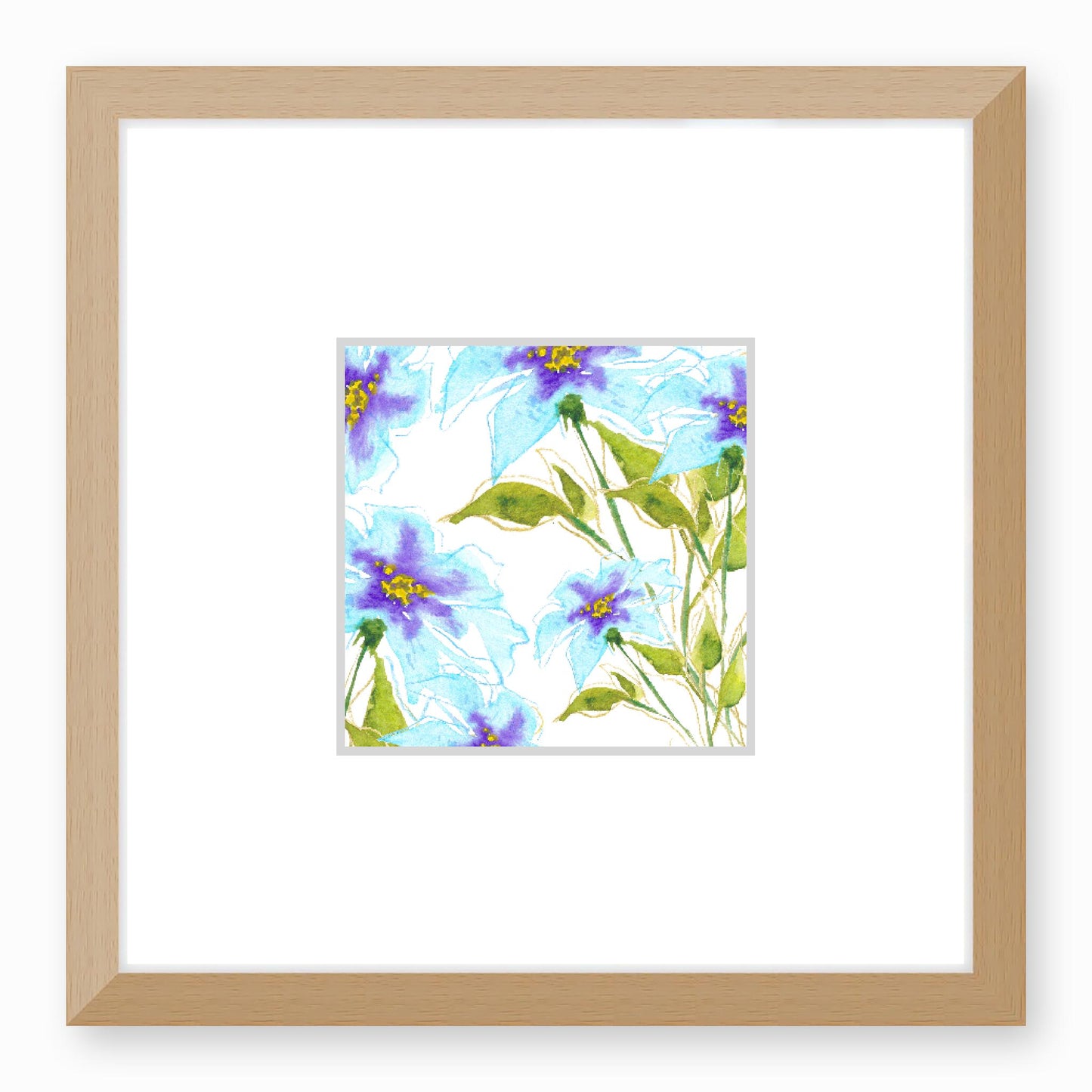 Framed Fine Art Print, Faux Mat - 12x12 inches | Blue Floral Watercolour, fms-1370-002, Prints, Fine art, Natural Frame, 30 x 30 cm ,12 x 12 inches