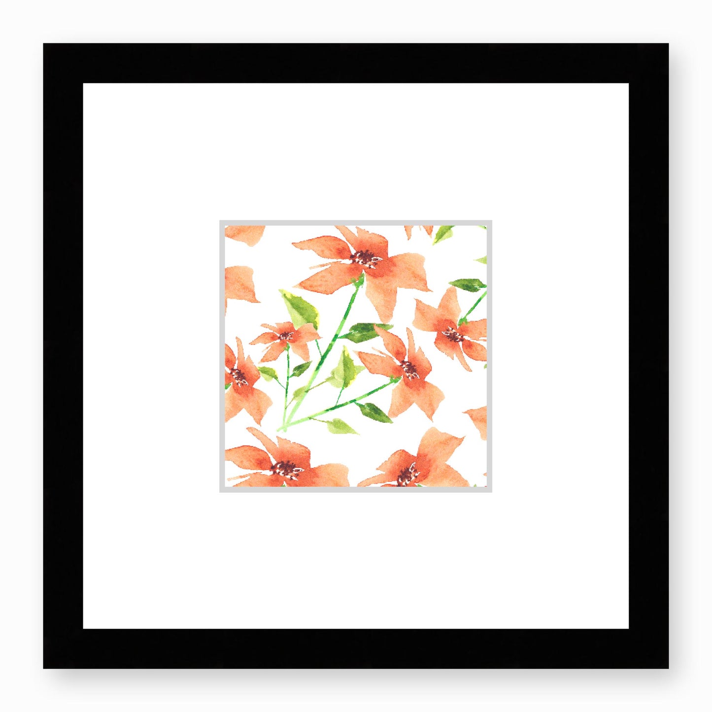 Framed Fine Art Print, Faux Mat - 12x12 inches | Pale Orange Floral Watercolour, fms-1380-001, Prints, Fine art, Black Frame, 30 x 30 cm ,12 x 12 inches