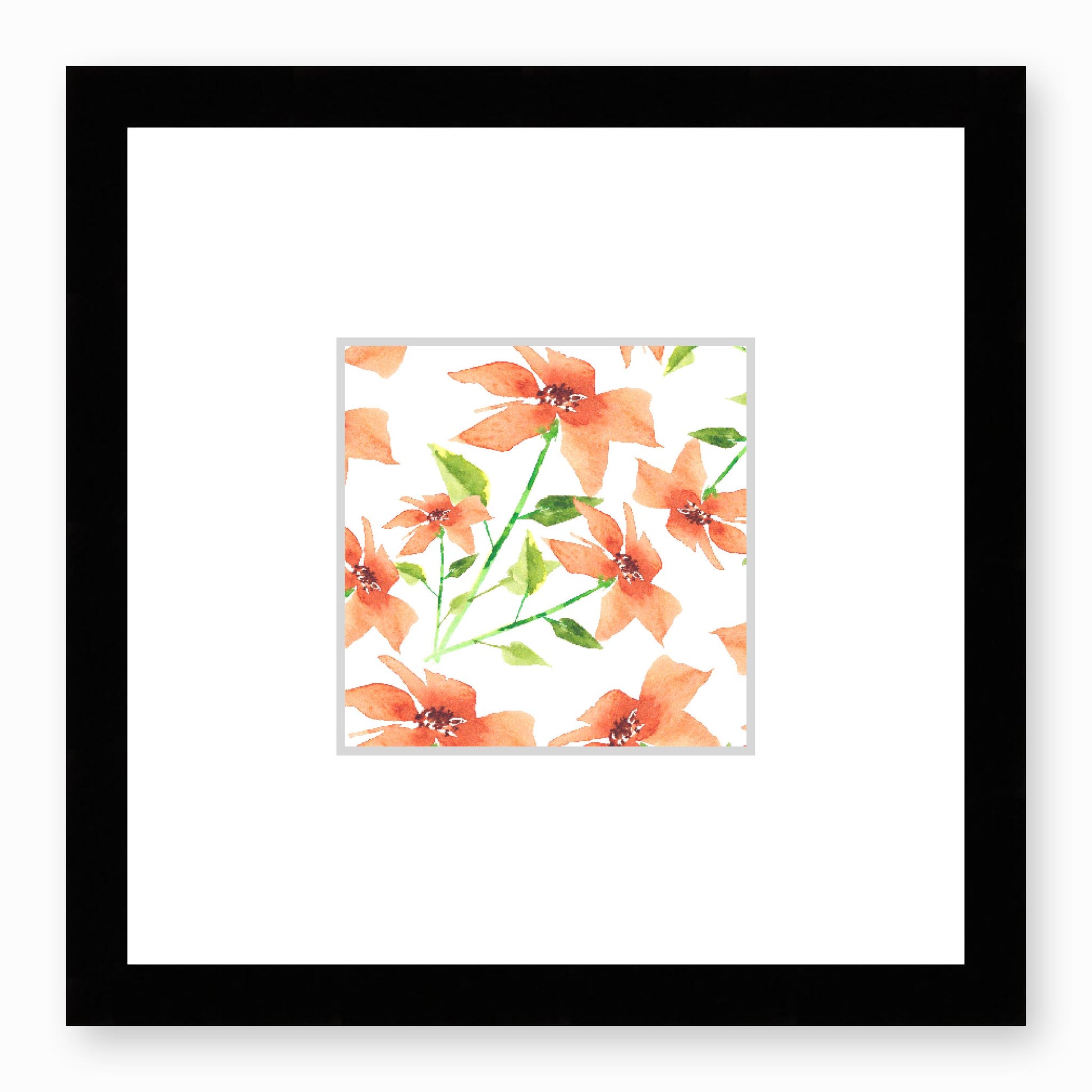 Framed Fine Art Print, Faux Mat - 12x12 inches | Pale Orange Floral Watercolour, fms-1380-001, Prints, Fine art, Black Frame, 30 x 30 cm ,12 x 12 inches