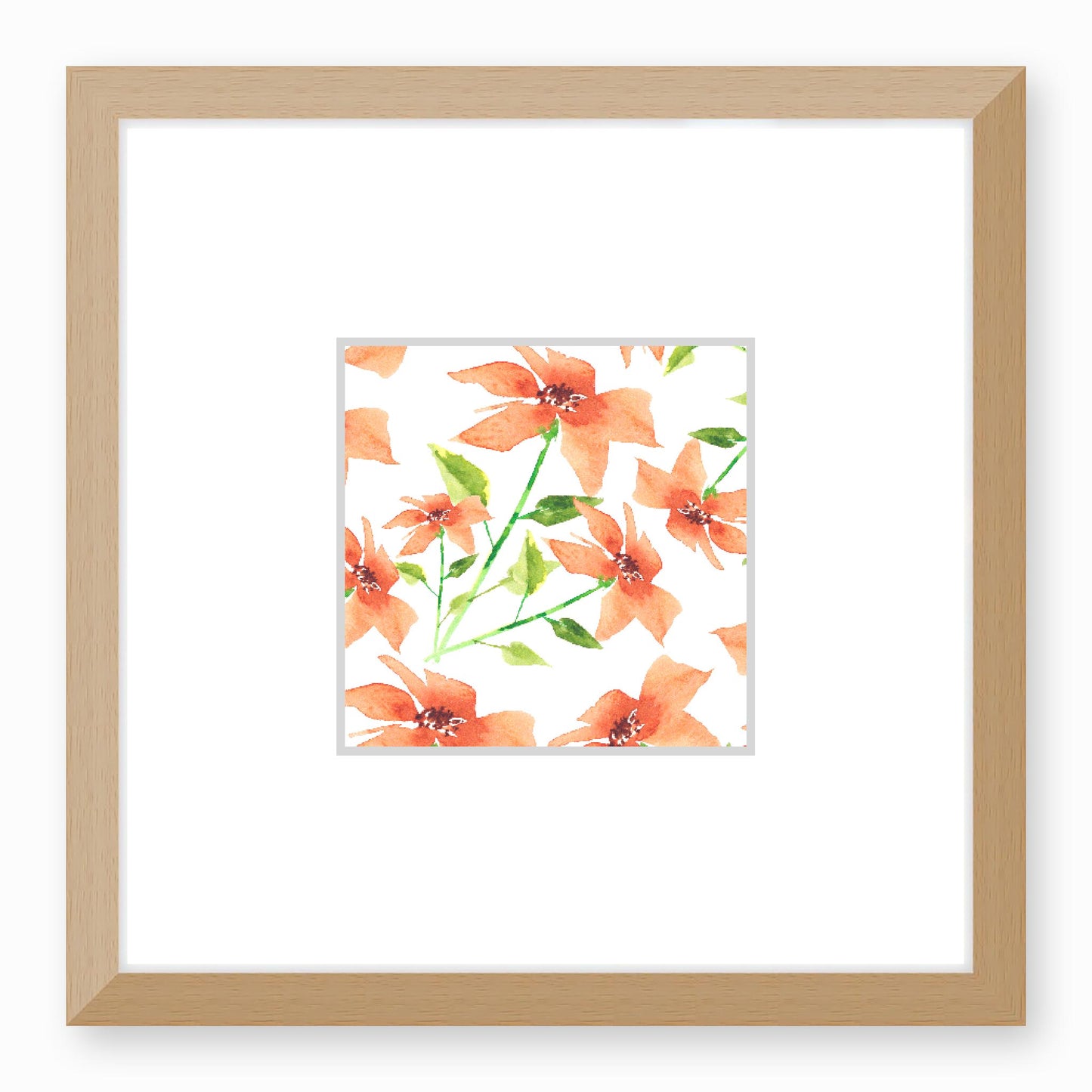 Framed Fine Art Print, Faux Mat - 12x12 inches | Pale Orange Floral Watercolour, fms-1380-001, Prints, Fine art, Natural Frame, 30 x 30 cm ,12 x 12 inches
