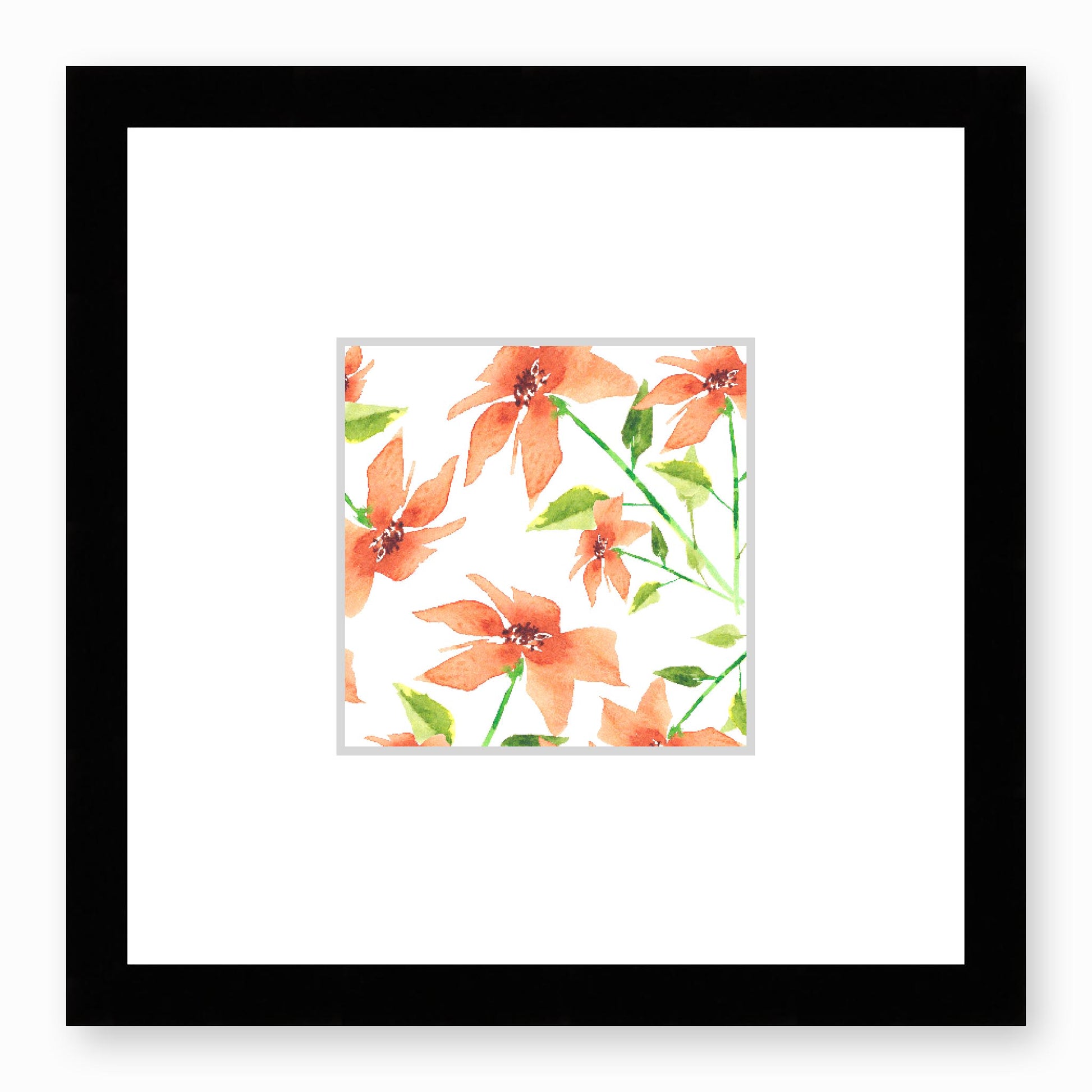 Framed Fine Art Print, Faux Mat - 12x12 inches | Pale Orange Floral Watercolour, fms-1380-002, Prints, Fine art, Black Frame, 30 x 30 cm ,12 x 12 inches