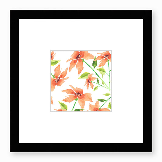 Framed Fine Art Print, Faux Mat - 12x12 inches | Pale Orange Floral Watercolour, fms-1380-002, Prints, Fine art, Black Frame, 30 x 30 cm ,12 x 12 inches