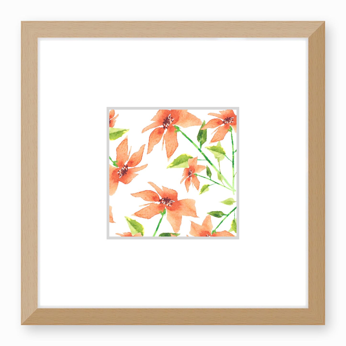 Framed Fine Art Print, Faux Mat - 12x12 inches | Pale Orange Floral Watercolour, fms-1380-002, Prints, Fine art, Natural Frame, 30 x 30 cm ,12 x 12 inches