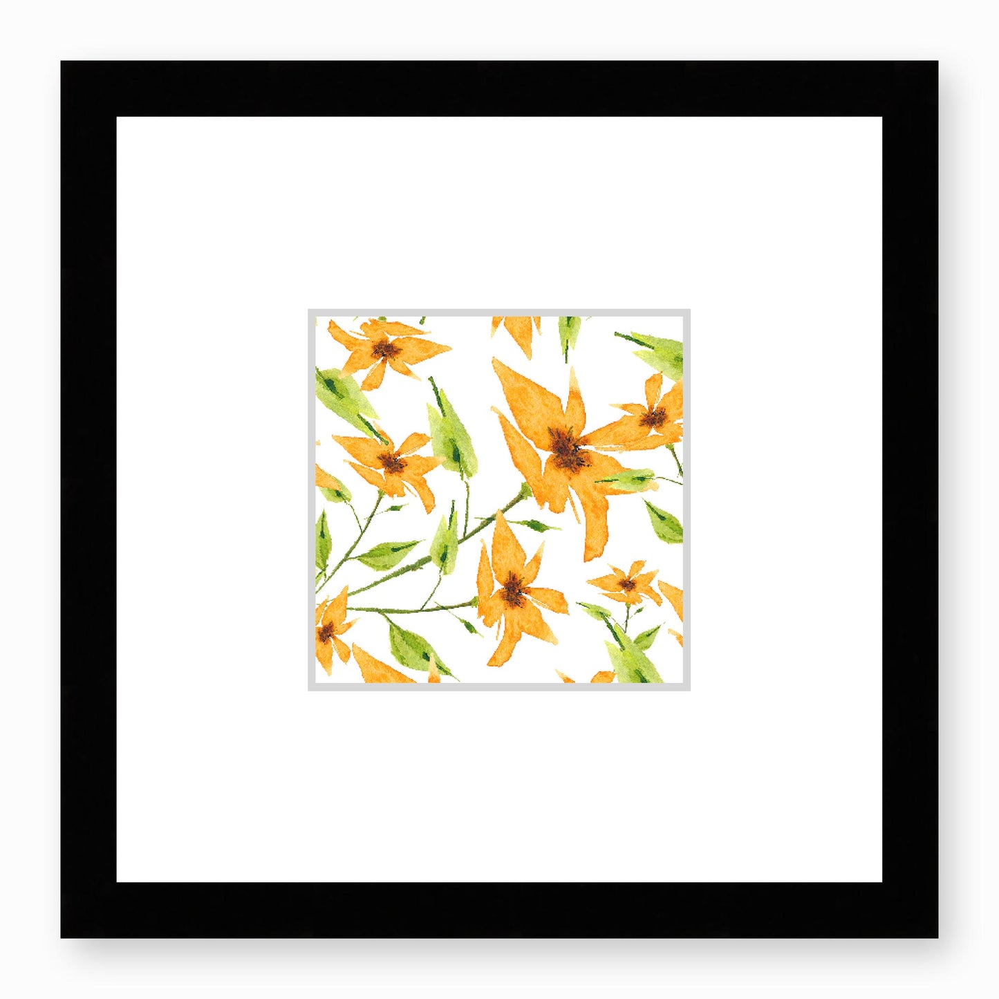 Framed Fine Art Print, Faux Mat - 12x12 inches | Yellow-Orange Floral Watercolour, fms-1390-001, Prints, Fine art, Black Frame, 30 x 30 cm ,12 x 12 inches