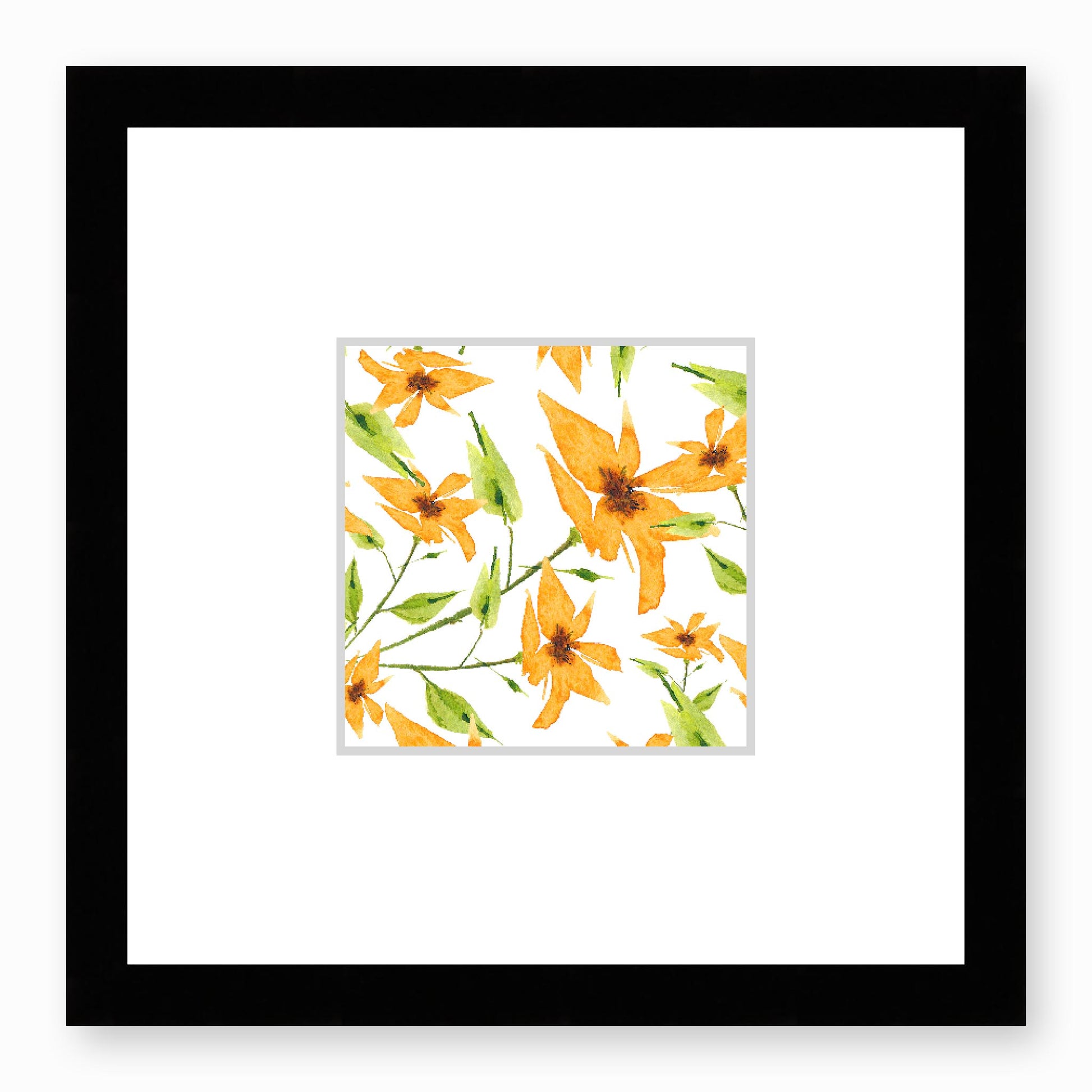 Framed Fine Art Print, Faux Mat - 12x12 inches | Yellow-Orange Floral Watercolour, fms-1390-001, Prints, Fine art, Black Frame, 30 x 30 cm ,12 x 12 inches
