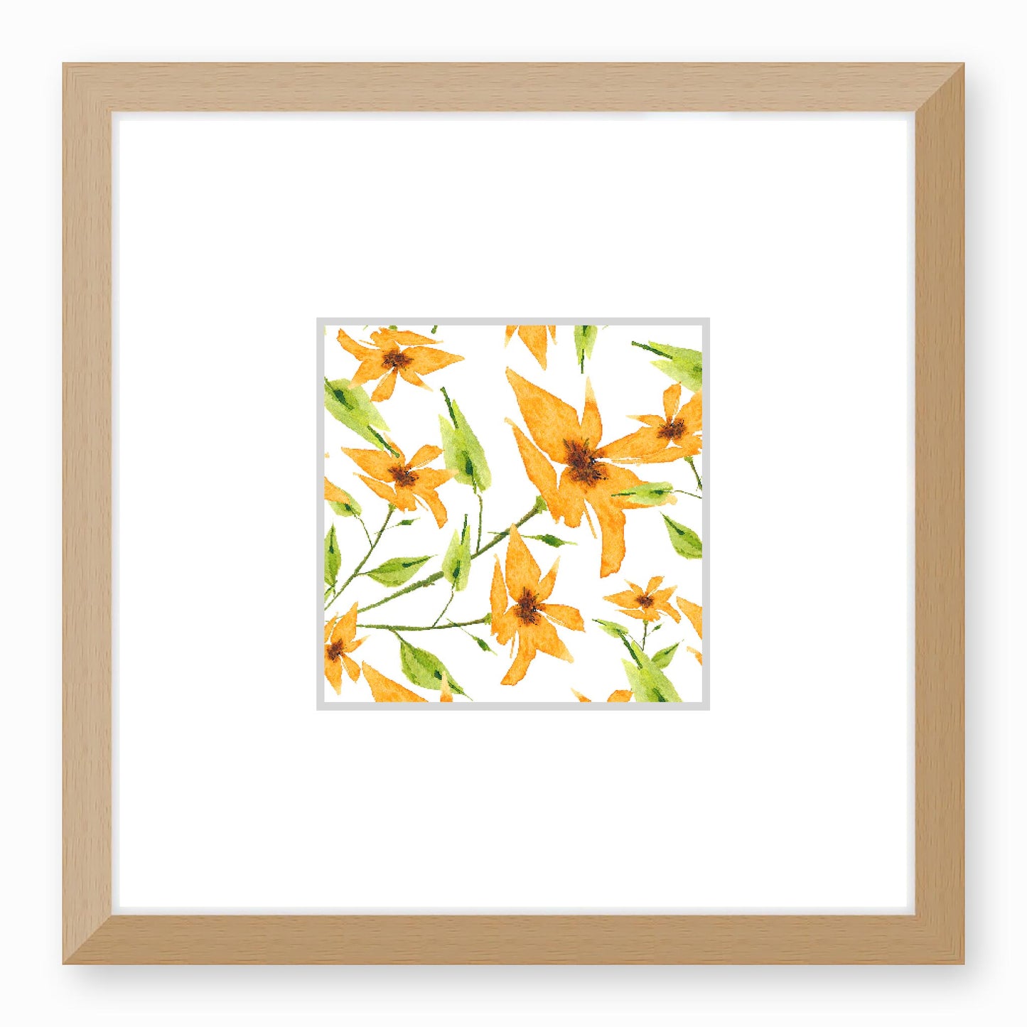 Framed Fine Art Print, Faux Mat - 12x12 inches | Yellow-Orange Floral Watercolour, fms-1390-001, Prints, Fine art, Natural Frame, 30 x 30 cm ,12 x 12 inches