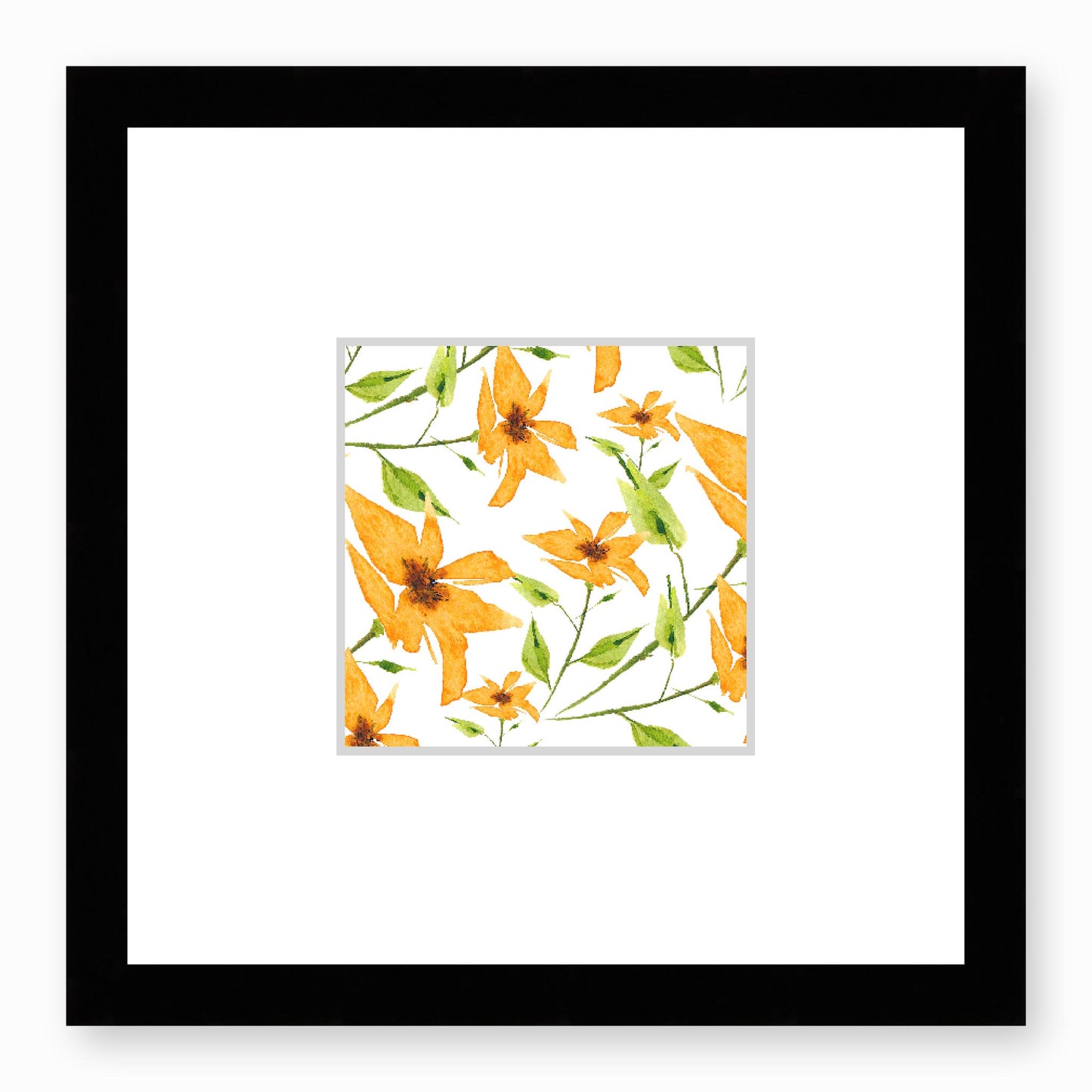 Framed Fine Art Print, Faux Mat - 12x12 inches | Yellow-Orange Floral Watercolour, fms-1390-002, Prints, Fine art, Black Frame, 30 x 30 cm ,12 x 12 inches