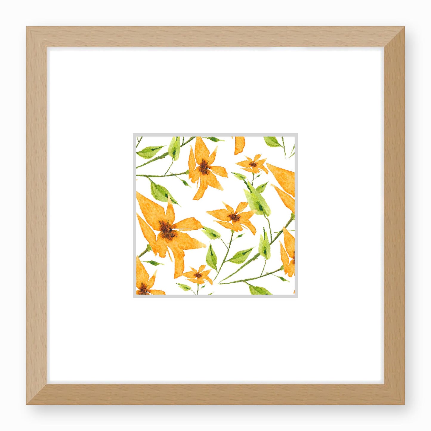 Framed Fine Art Print, Faux Mat - 12x12 inches | Yellow-Orange Floral Watercolour, fms-1390-002, Prints, Fine art, Natural Frame, 30 x 30 cm ,12 x 12 inches