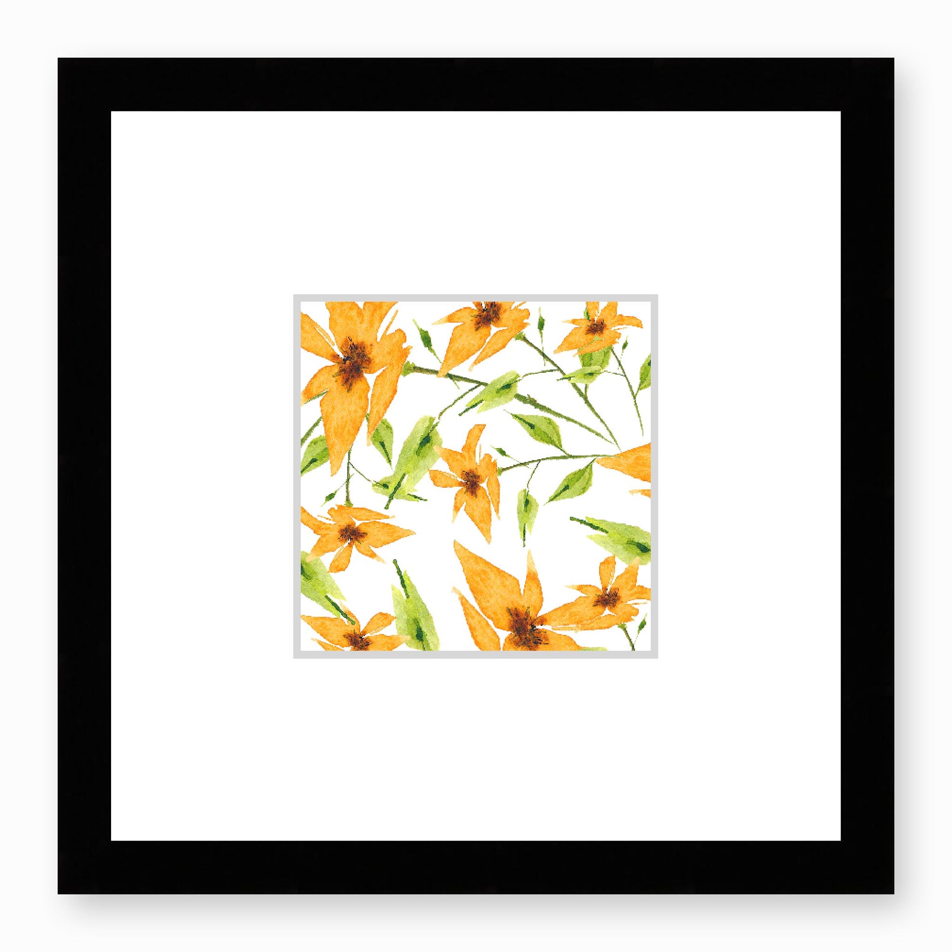 Framed Fine Art Print, Faux Mat - 12x12 inches | Yellow-Orange Floral Watercolour, fms-1390-003, Prints, Fine art, Black Frame, 30 x 30 cm ,12 x 12 inches