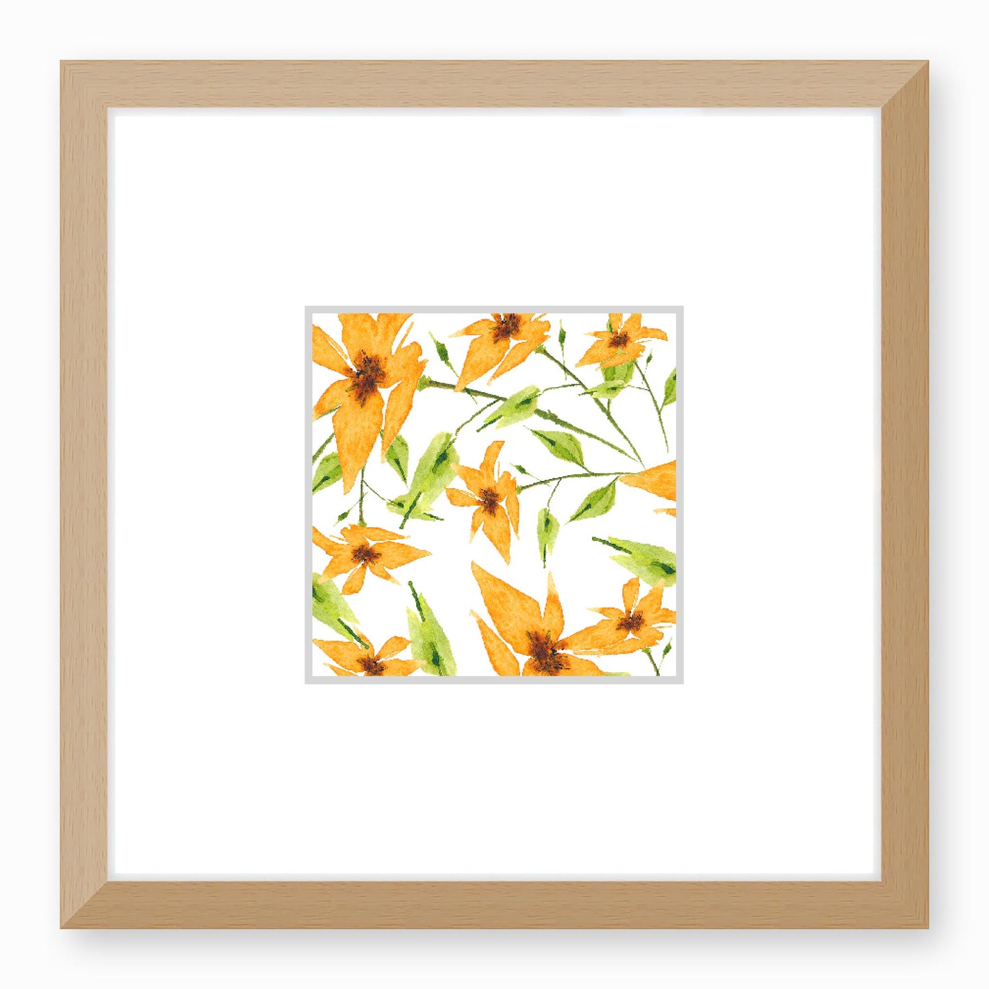 Framed Fine Art Print, Faux Mat - 12x12 inches | Yellow-Orange Floral Watercolour, fms-1390-003, Prints, Fine art, Natural Frame, 30 x 30 cm ,12 x 12 inches