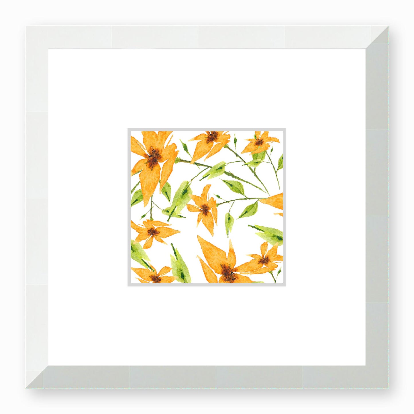 Framed Fine Art Print, Faux Mat - 12x12 inches | Yellow-Orange Floral Watercolour, fms-1390-003, Prints, Fine art, White Frame, 30 x 30 cm ,12 x 12 inches
