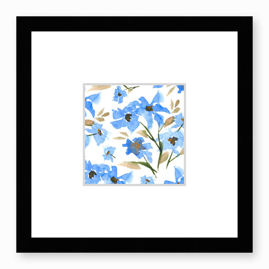 Framed Fine Art Print, Faux Mat - 12x12 inches | Blue Floral Watercolour, fms-1400-001, Prints, Fine art, Black Frame, 30 x 30 cm ,12 x 12 inches