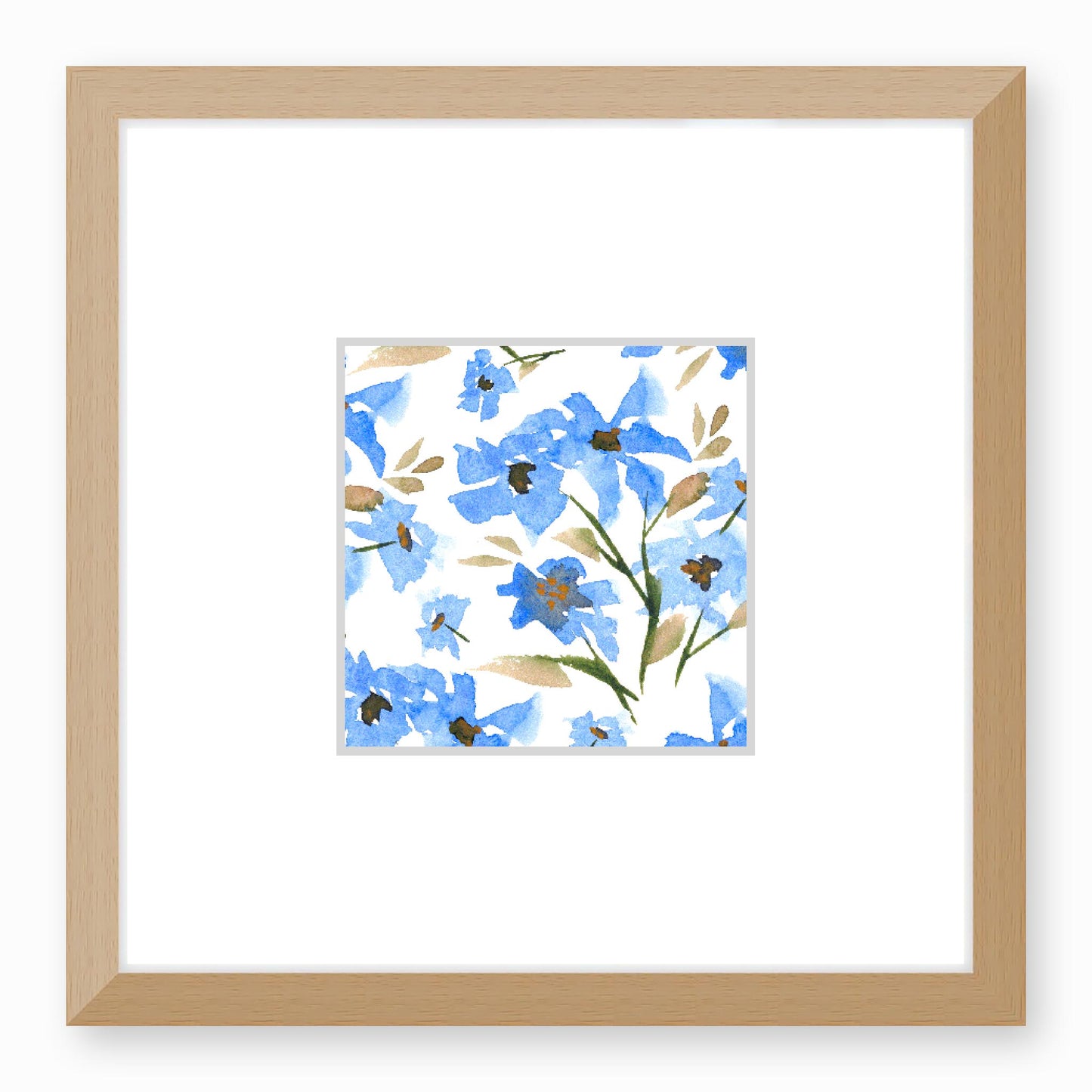 Framed Fine Art Print, Faux Mat - 12x12 inches | Blue Floral Watercolour, fms-1400-001, Prints, Fine art, Natural Frame, 30 x 30 cm ,12 x 12 inches