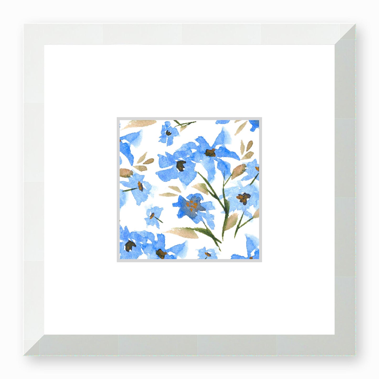 Framed Fine Art Print, Faux Mat - 12x12 inches | Blue Floral Watercolour, fms-1400-001, Prints, Fine art, White Frame, 30 x 30 cm ,12 x 12 inches