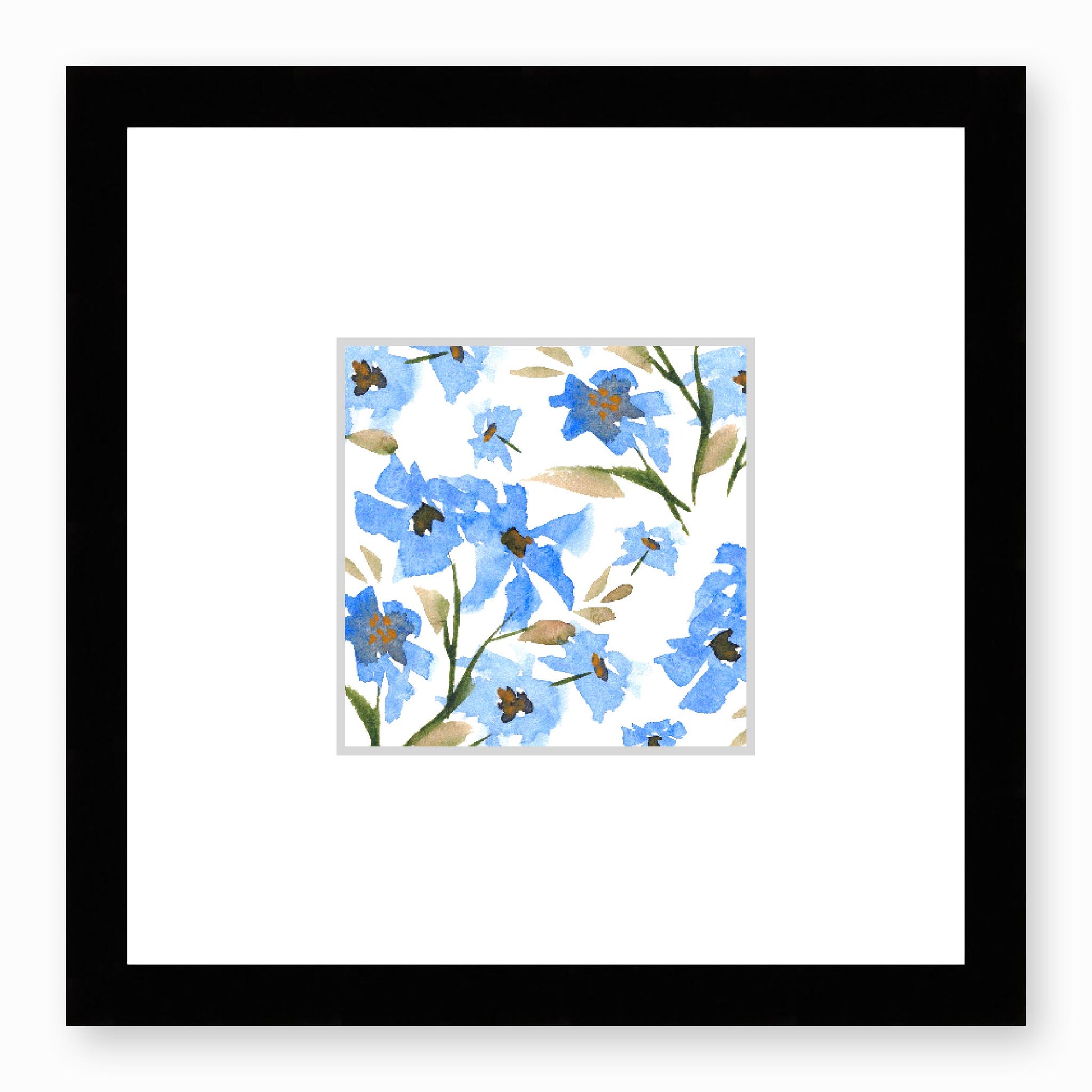 Framed Fine Art Print, Faux Mat - 12x12 inches | Blue Floral Watercolour, fms-1400-002, Prints, Fine art, Black Frame, 30 x 30 cm ,12 x 12 inches