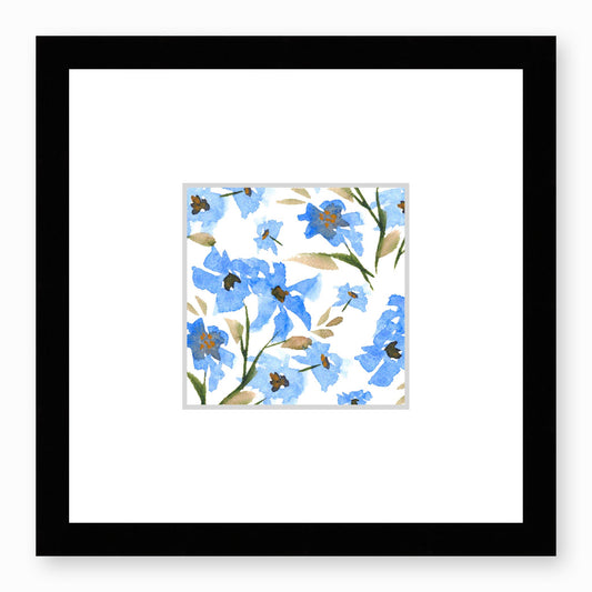 Framed Fine Art Print, Faux Mat - 12x12 inches | Blue Floral Watercolour, fms-1400-002, Prints, Fine art, Black Frame, 30 x 30 cm ,12 x 12 inches