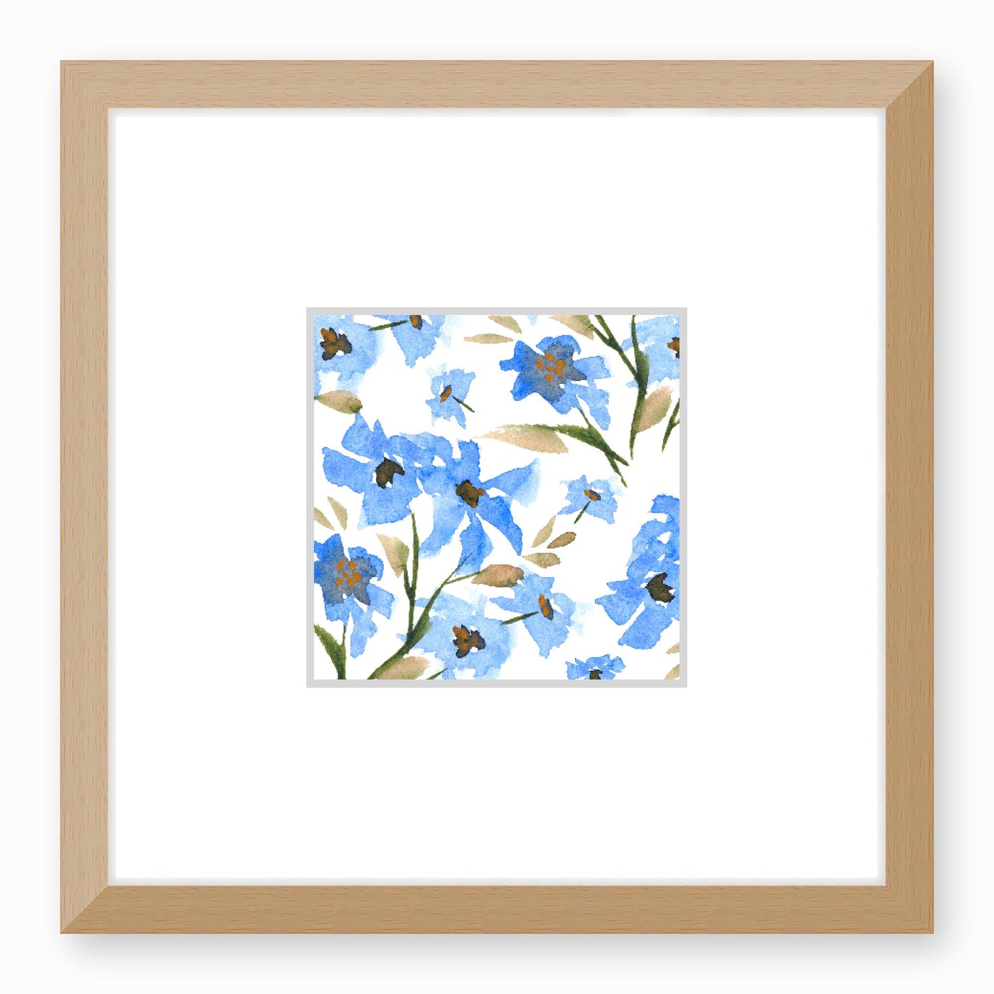 Framed Fine Art Print, Faux Mat - 12x12 inches | Blue Floral Watercolour, fms-1400-002, Prints, Fine art, Natural Frame, 30 x 30 cm ,12 x 12 inches