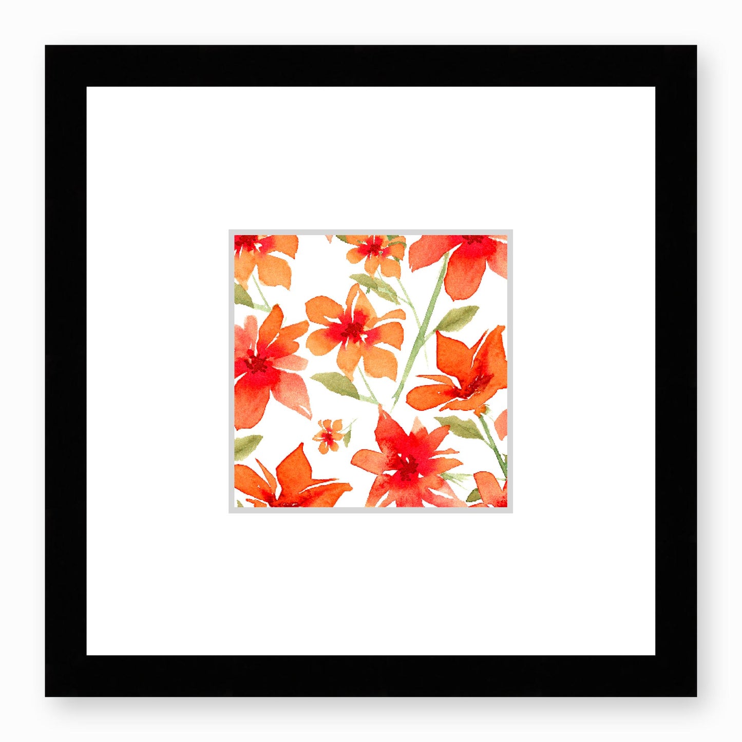 Framed Fine Art Print, Faux Mat - 12x12 inches | Red Floral Watercolour, fms-1410-001, Prints, Fine art, Black Frame, 30 x 30 cm ,12 x 12 inches