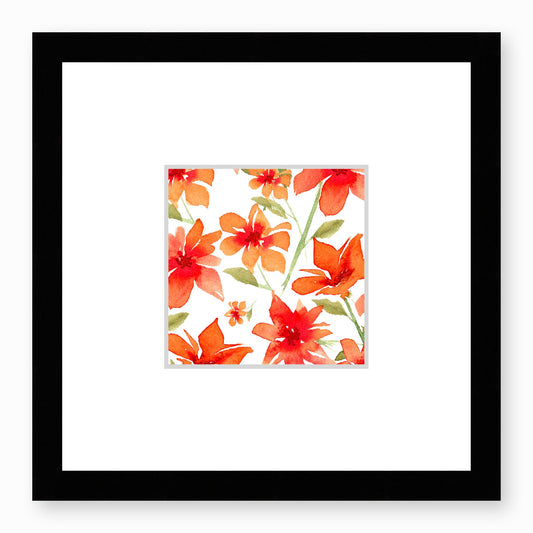 Framed Fine Art Print, Faux Mat - 12x12 inches | Red Floral Watercolour, fms-1410-001, Prints, Fine art, Black Frame, 30 x 30 cm ,12 x 12 inches