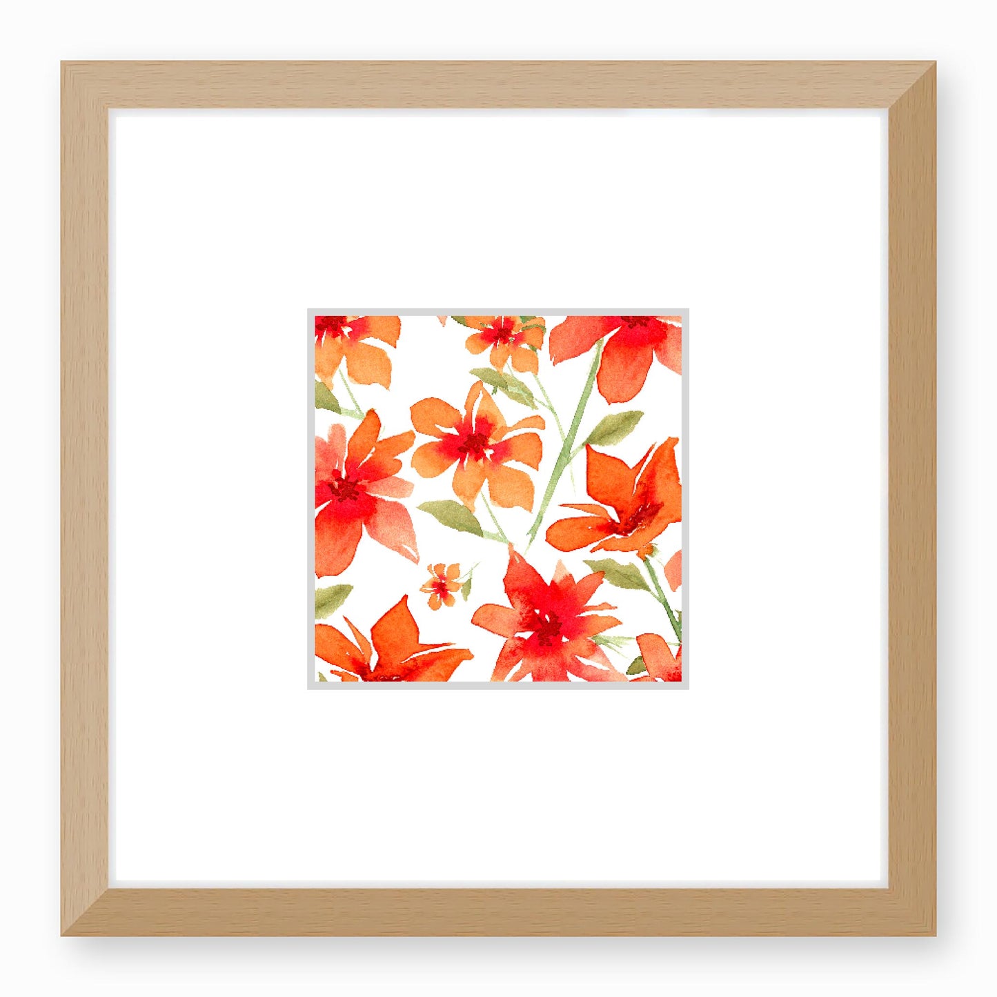 Framed Fine Art Print, Faux Mat - 12x12 inches | Red Floral Watercolour, fms-1410-001, Prints, Fine art, Natural Frame, 30 x 30 cm ,12 x 12 inches