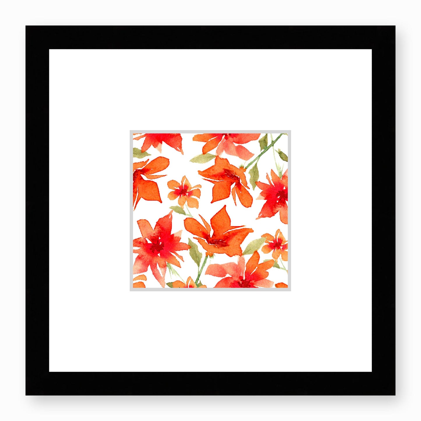 Framed Fine Art Print, Faux Mat - 12x12 inches | Red Floral Watercolour, fms-1410-002, Prints, Fine art, Black Frame, 30 x 30 cm ,12 x 12 inches