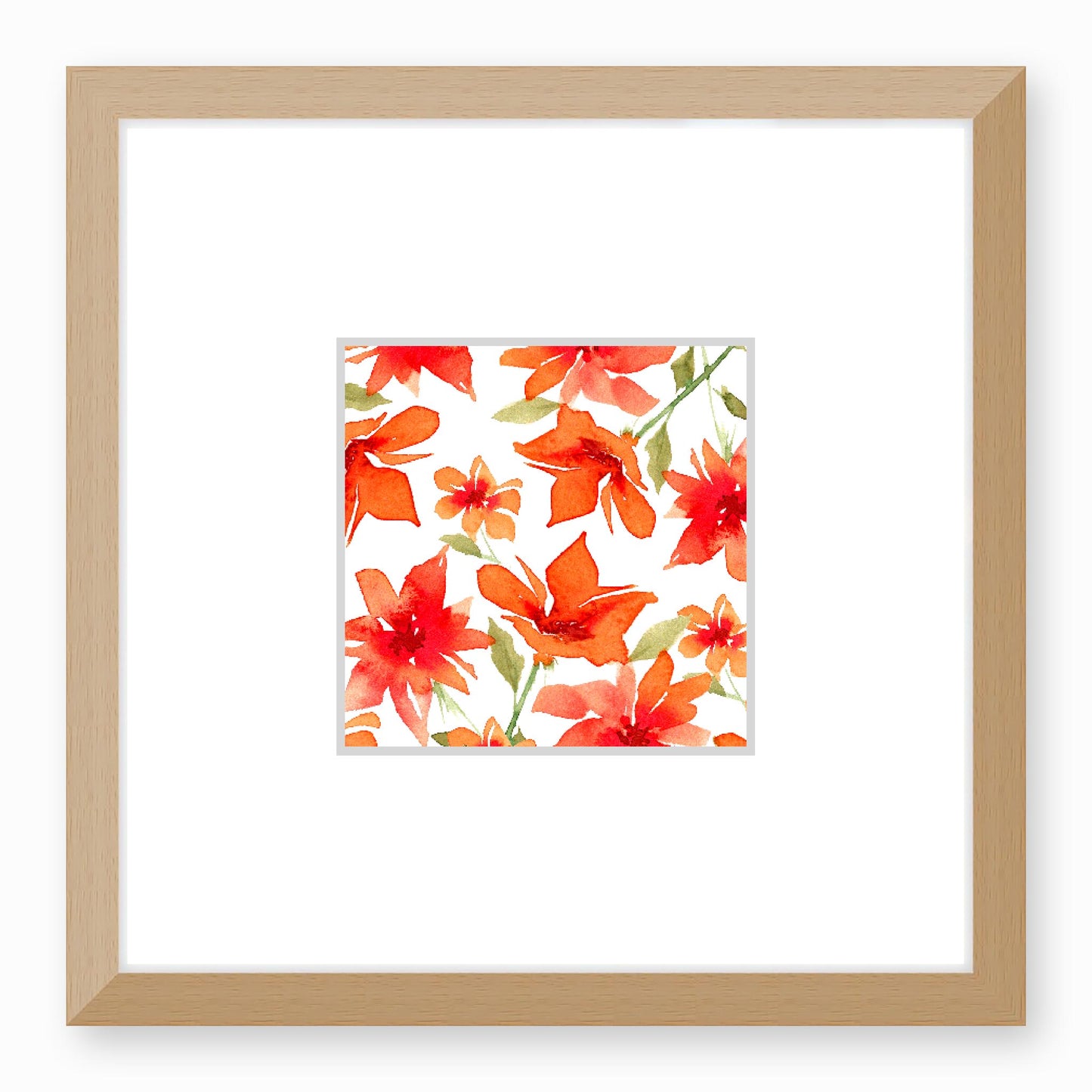 Framed Fine Art Print, Faux Mat - 12x12 inches | Red Floral Watercolour, fms-1410-002, Prints, Fine art, Natural Frame, 30 x 30 cm ,12 x 12 inches