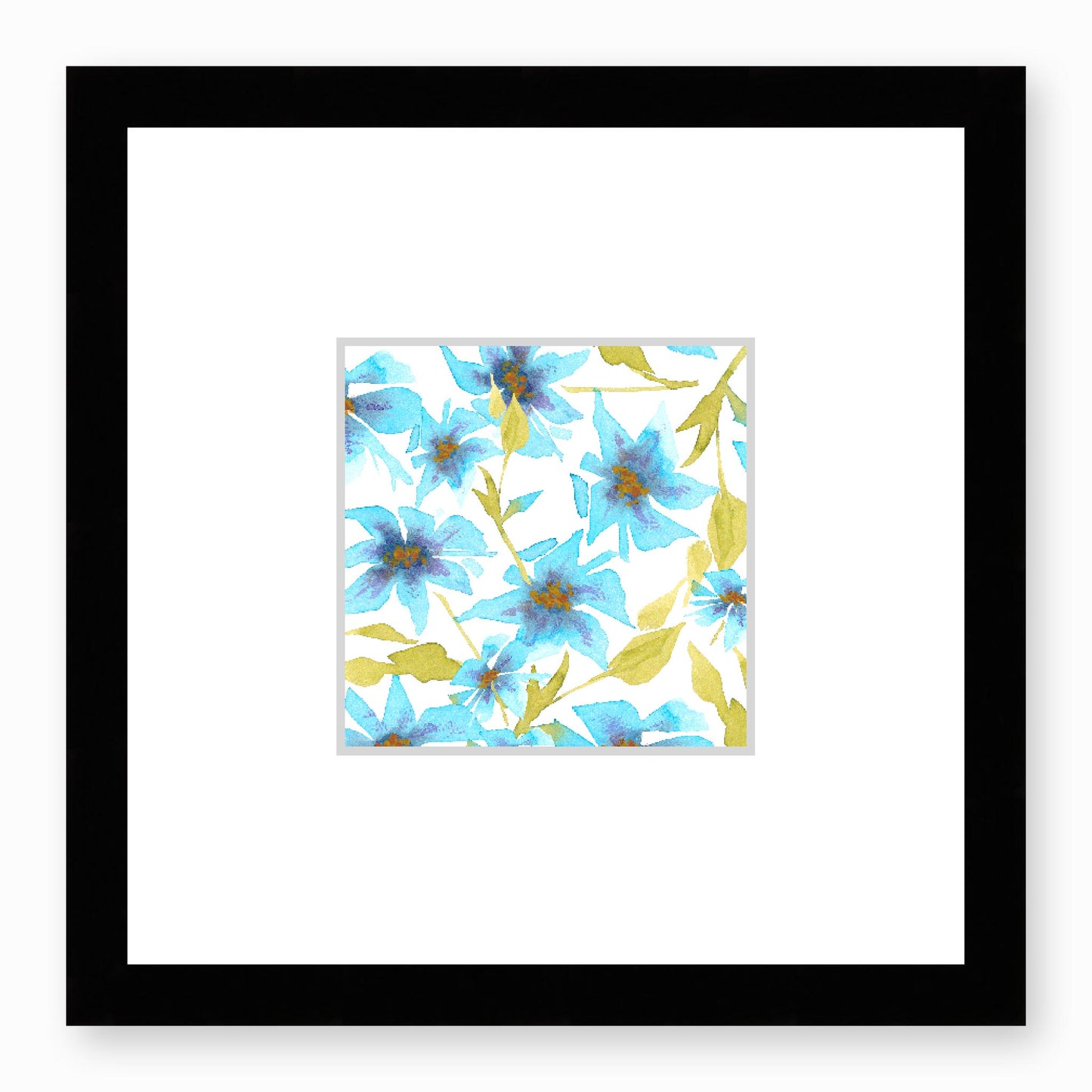 Framed Fine Art Print, Faux Mat - 12x12 inches | Blue Floral Watercolour, fms-1430-001, Prints, Fine art, Black Frame, 30 x 30 cm ,12 x 12 inches